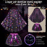 Girls Glow-in-the-Dark LED Witch Costume Set – Light-Up Cape, Tutu Skirt, Headband & Trick-or-Treat Bag (Ages 3–8)