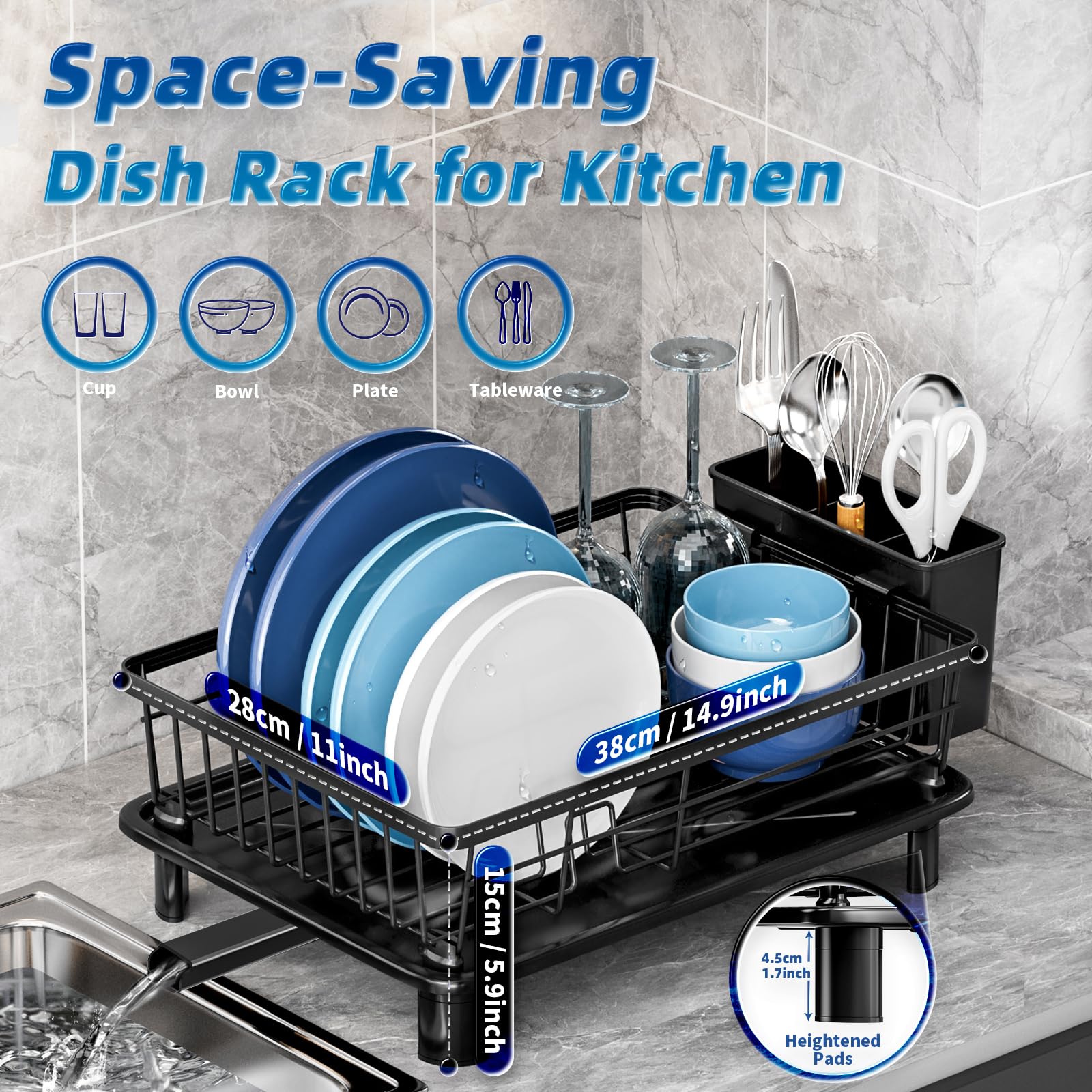 GAOKASE Stainless Steel Dish Drying Rack – Space-Saving 1-Tier Kitchen Counter Dish Drainer with Utensil Holder (Black)