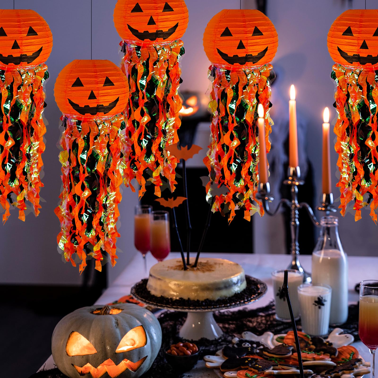 Halloween Pumpkin Paper Lantern Set – 5 Pack Orange & Black Hanging Party Decorations with Tassel Ribbons (Jellyfish Design)