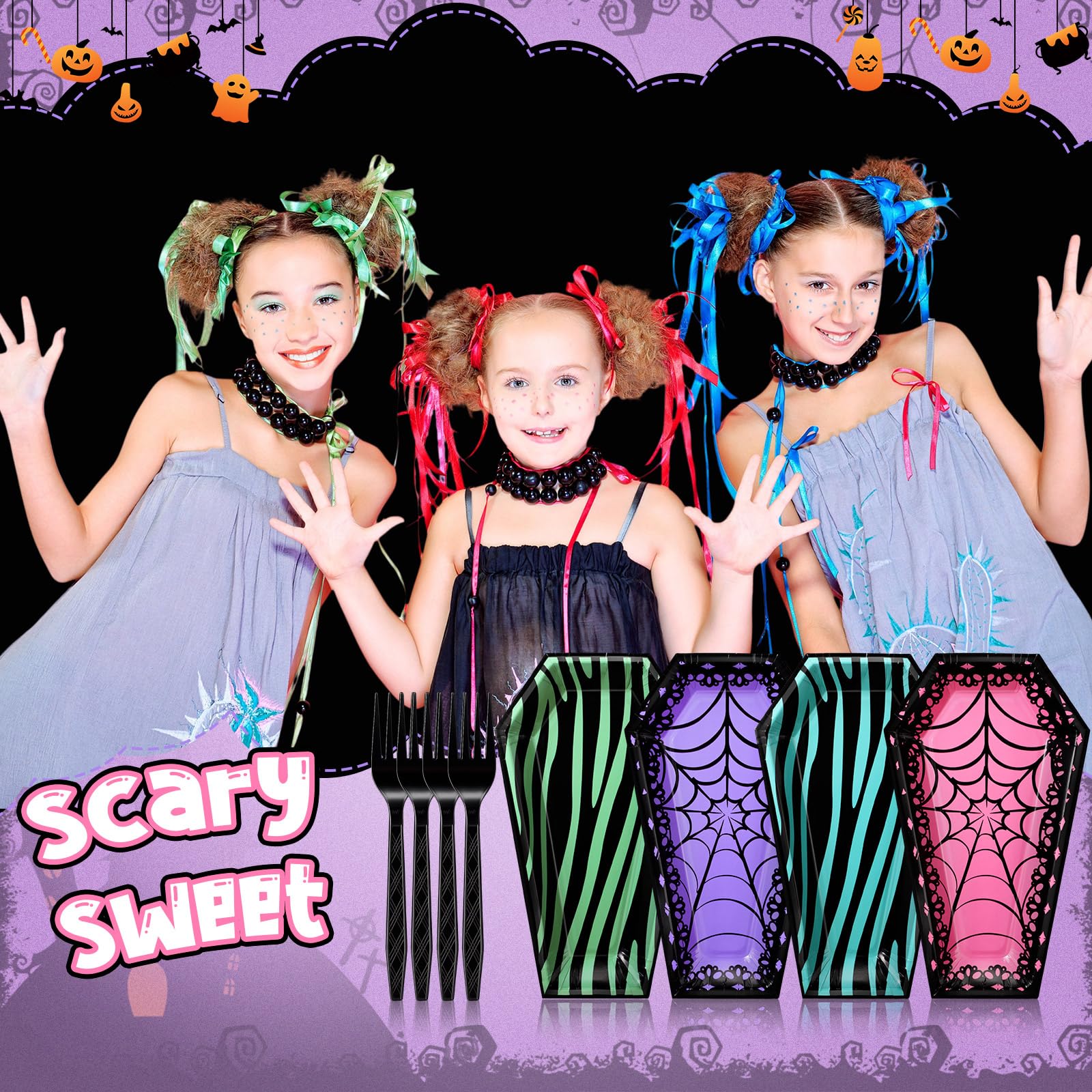 Halloween Coffin Plates & Black Forks Set – 48 Pcs Disposable Scary Sweet Tableware for 24 Guests