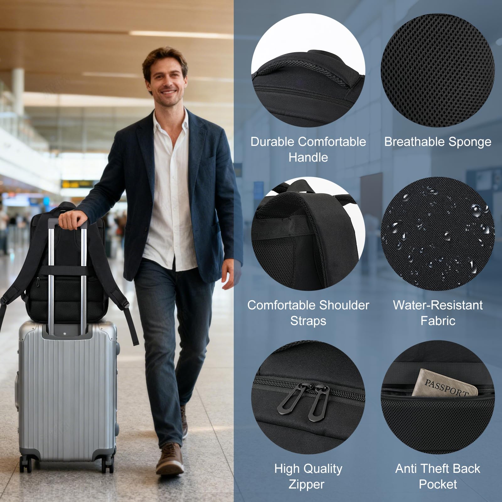 30L Carry-On Travel Laptop Backpack with USB Cable Port & Reflective Safety Design – Fits 17.3” – Black