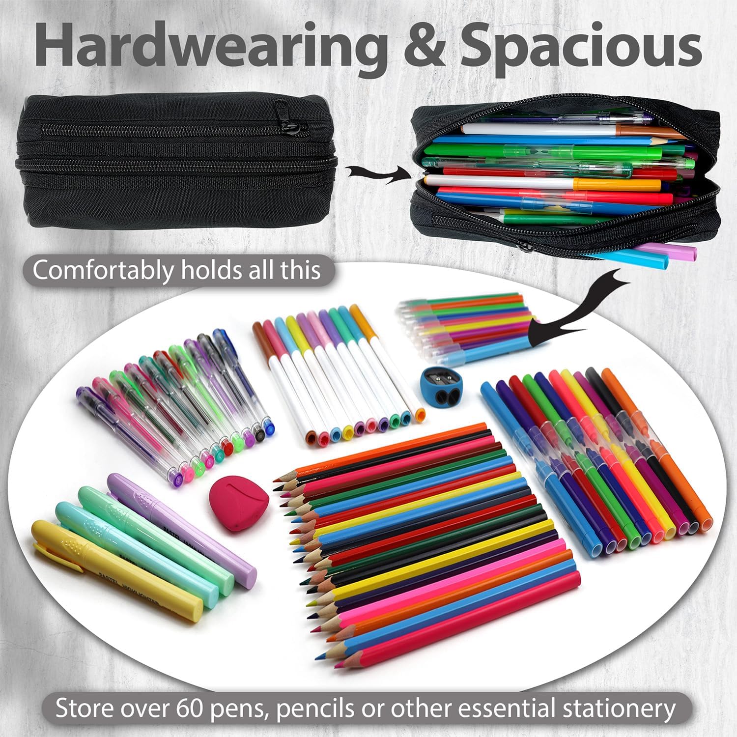 Black Large-Capacity Double-Zip Pencil Case