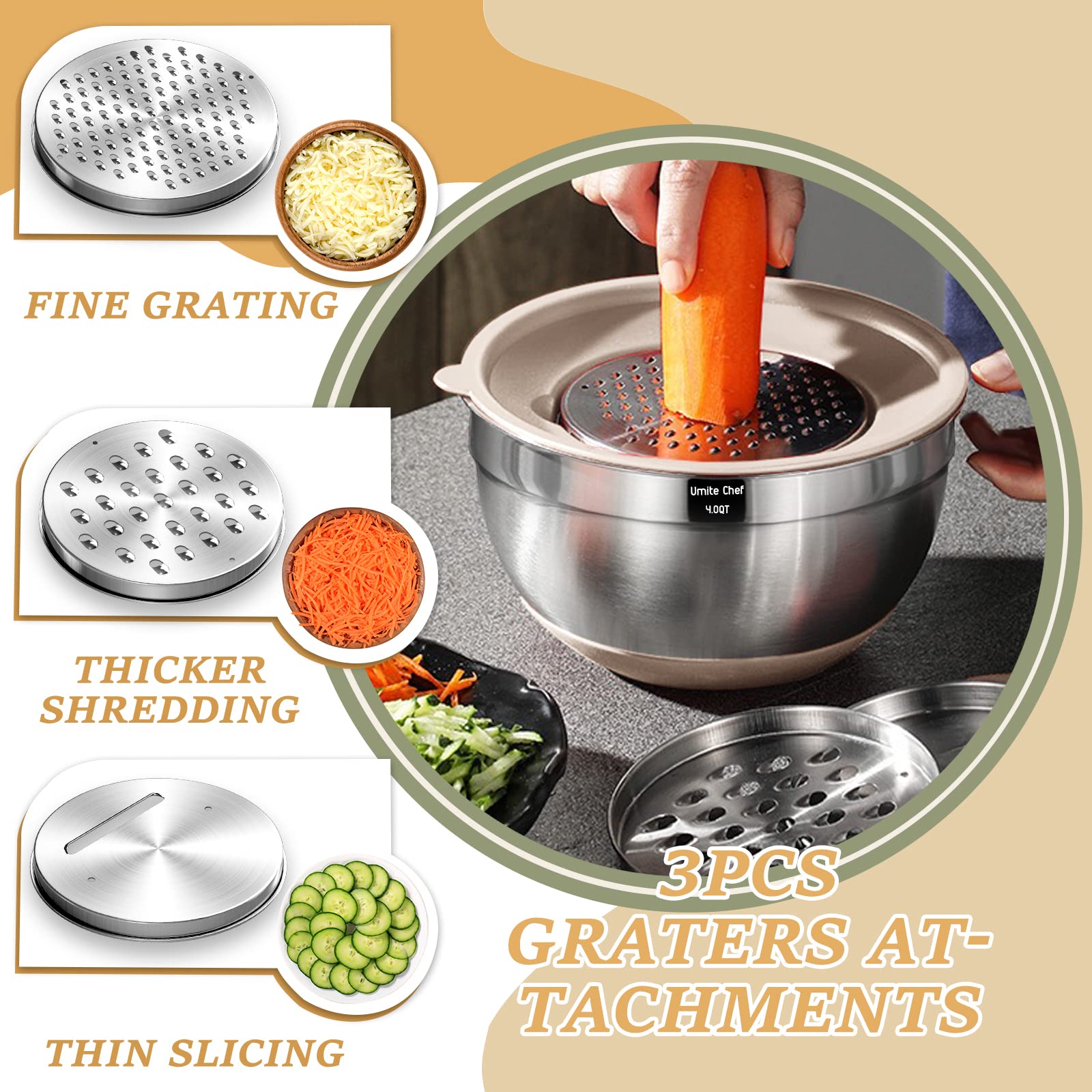 Stainless Steel Mixing Bowl Set with Airtight Lids & Grater Attachments (6 Sizes)