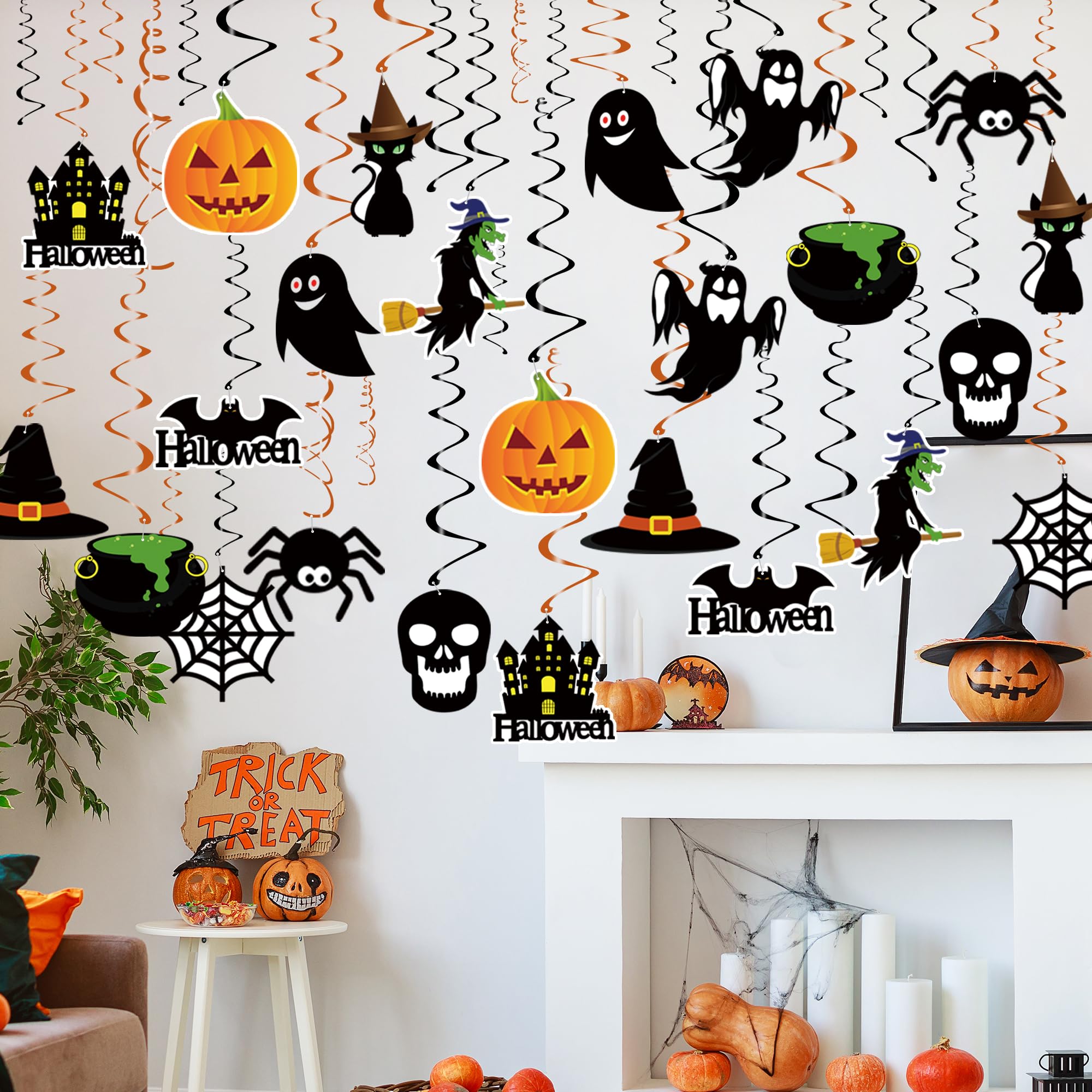 Halloween Hanging Swirl Decorations – 36 Pack Pre-Assembled Ceiling & Wall Party Décor with Bats, Ghosts, Skulls & Pumpkins (Black)