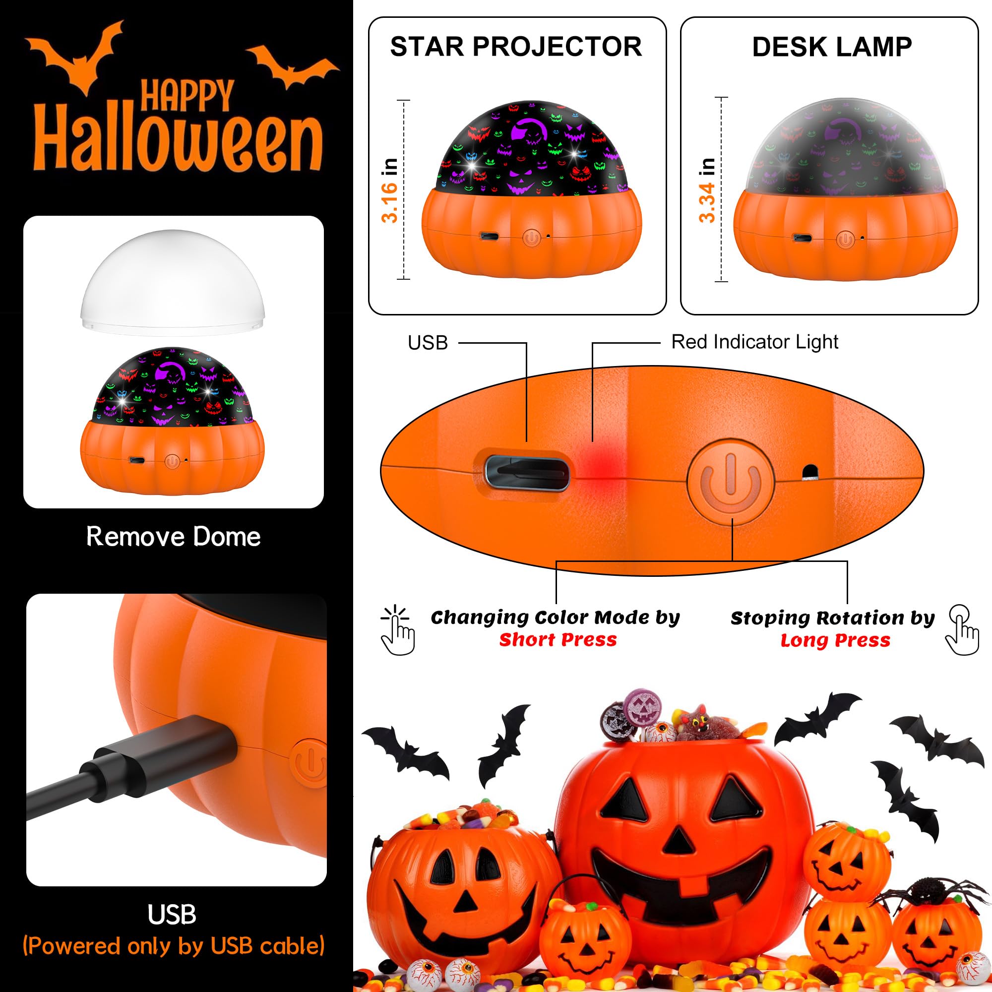 2-in-1 Halloween Pumpkin Projector Night Light – 15 Lighting Modes Star & Jack O’Lantern Indoor LED Lamp (USB-C Powered)