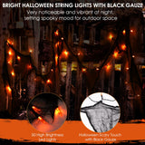 Halloween Solar Lights Outdoor – Black Cheesecloth with Orange LED Fairy Lights (23FT, 8 Modes, IP65 Waterproof)