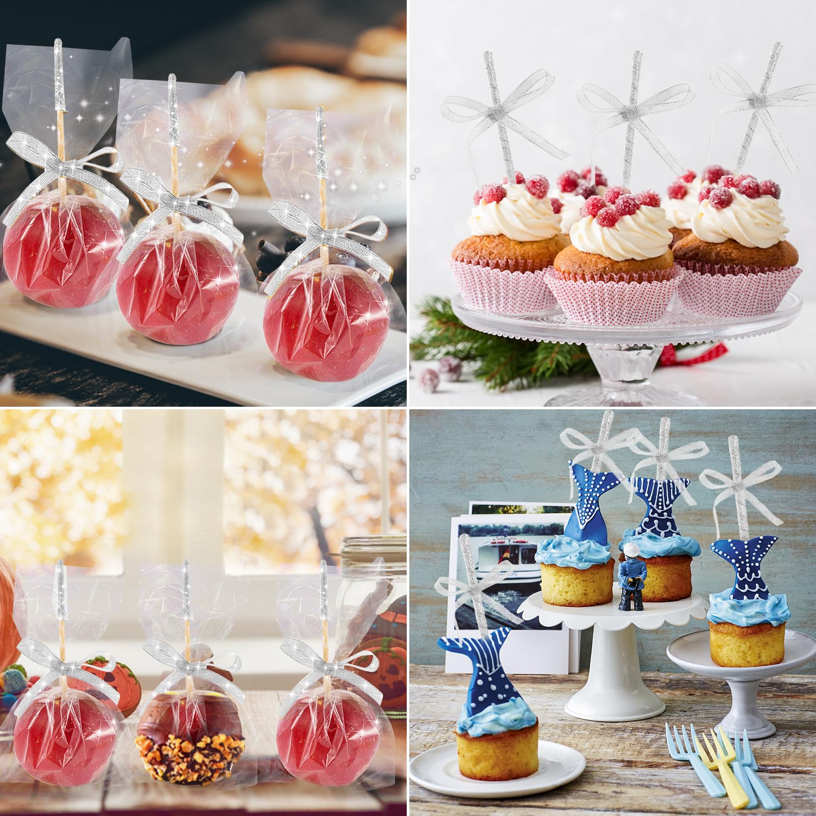 48 Pcs Candy Apple DIY Kit – Silver Glitter Edition 🍬 Includes Bamboo Sticks, Candy Wrapping Glass Paper & Glitter Ribbon