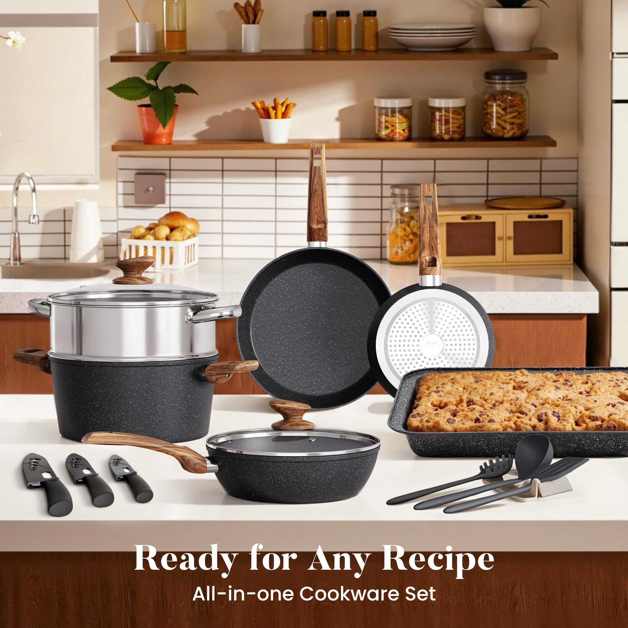 30-Piece Nonstick Granite Cookware & Bakeware Set with Induction Compatibility