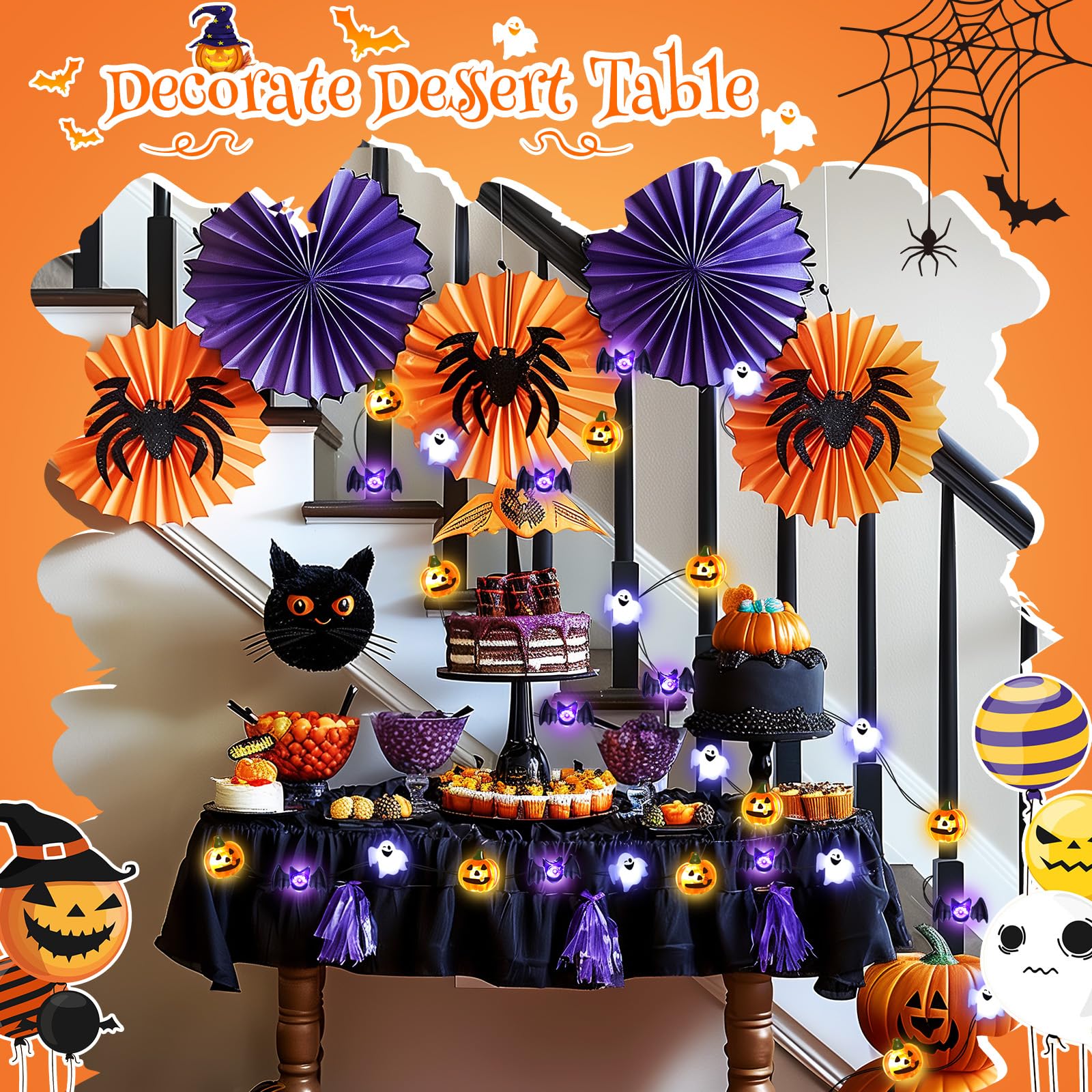 10Ft Halloween String Lights – 30 LED White, Yellow & Purple Pumpkin, Bat & Ghost Lights, Battery Operated