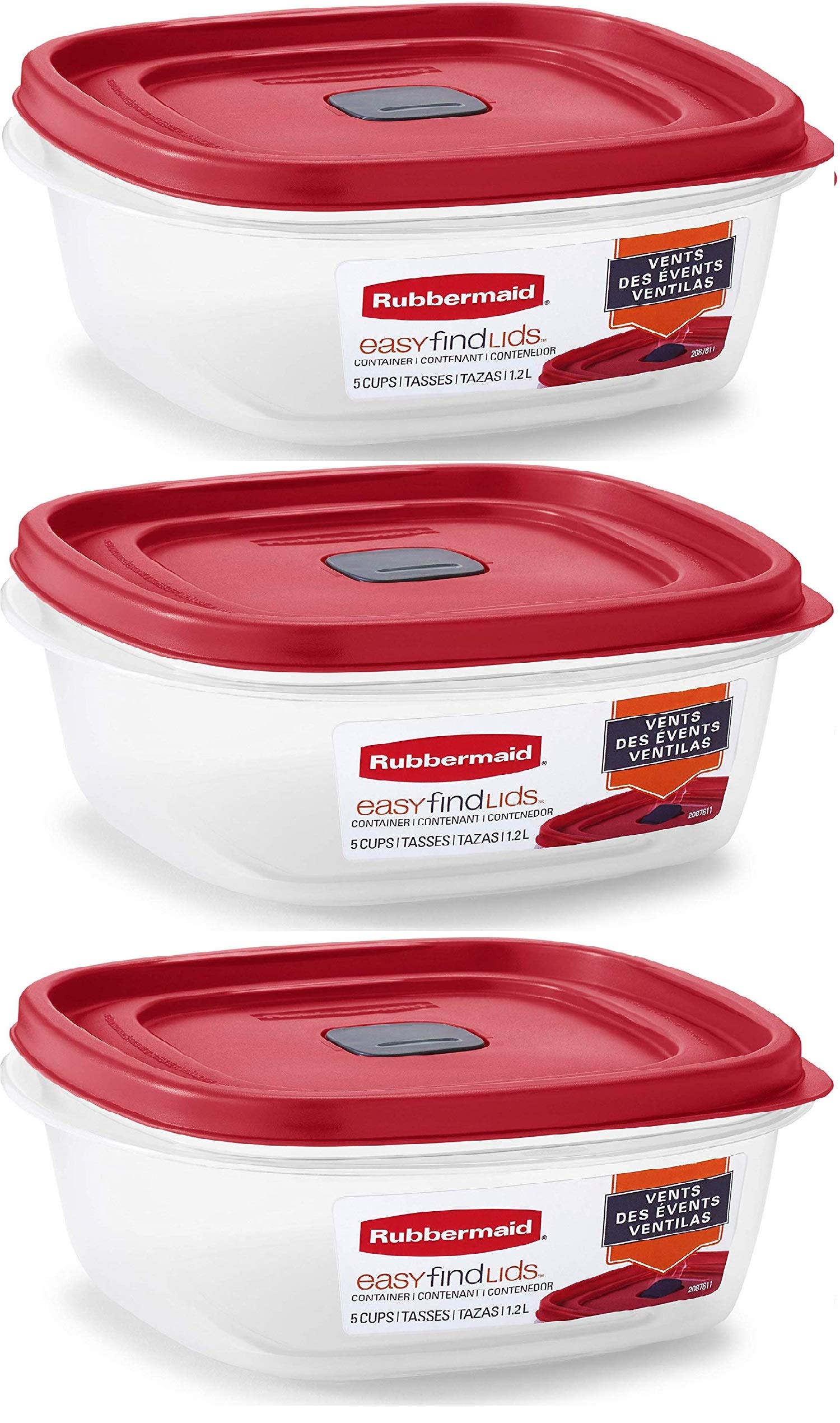 5-Cup Food Storage Containers – 3-Pack BPA-Free Meal Prep Containers with Easy Find Lids (Red)