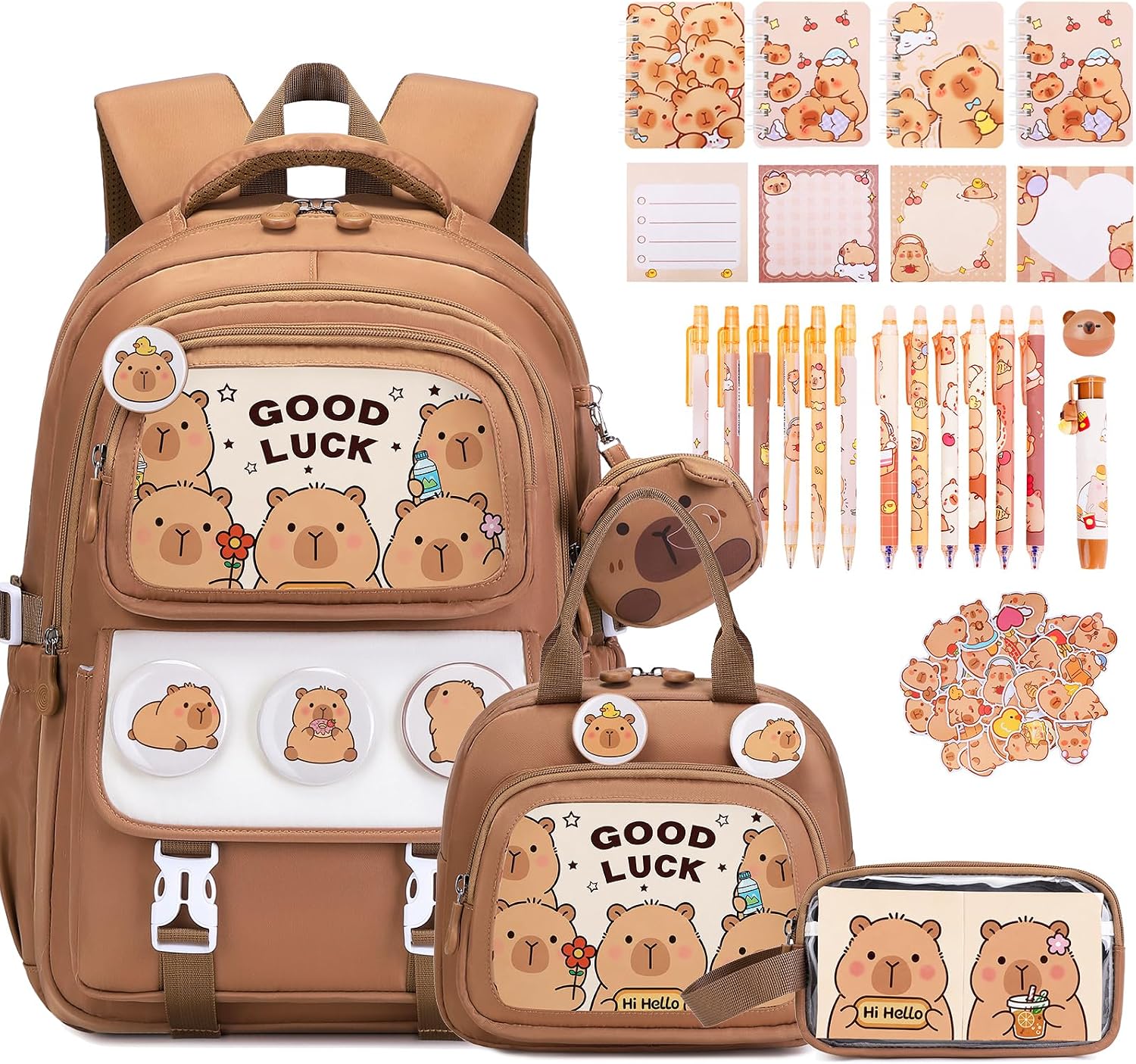 Brown Capybara 30-Piece Backpack and School Set