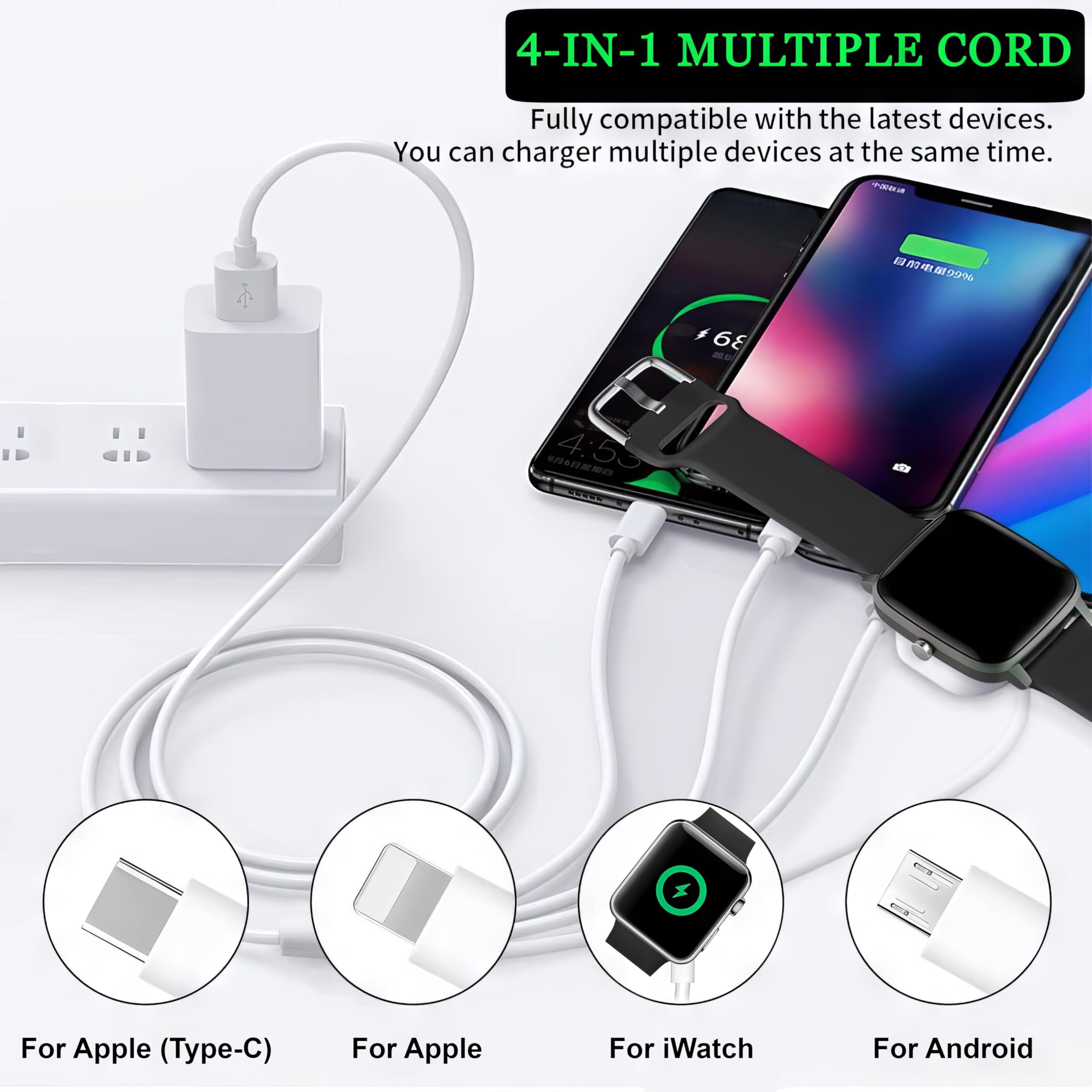 4-in-1 Multi Charging Cable for Apple Watch & iPhone – Universal Travel Charger Cord (4FT)