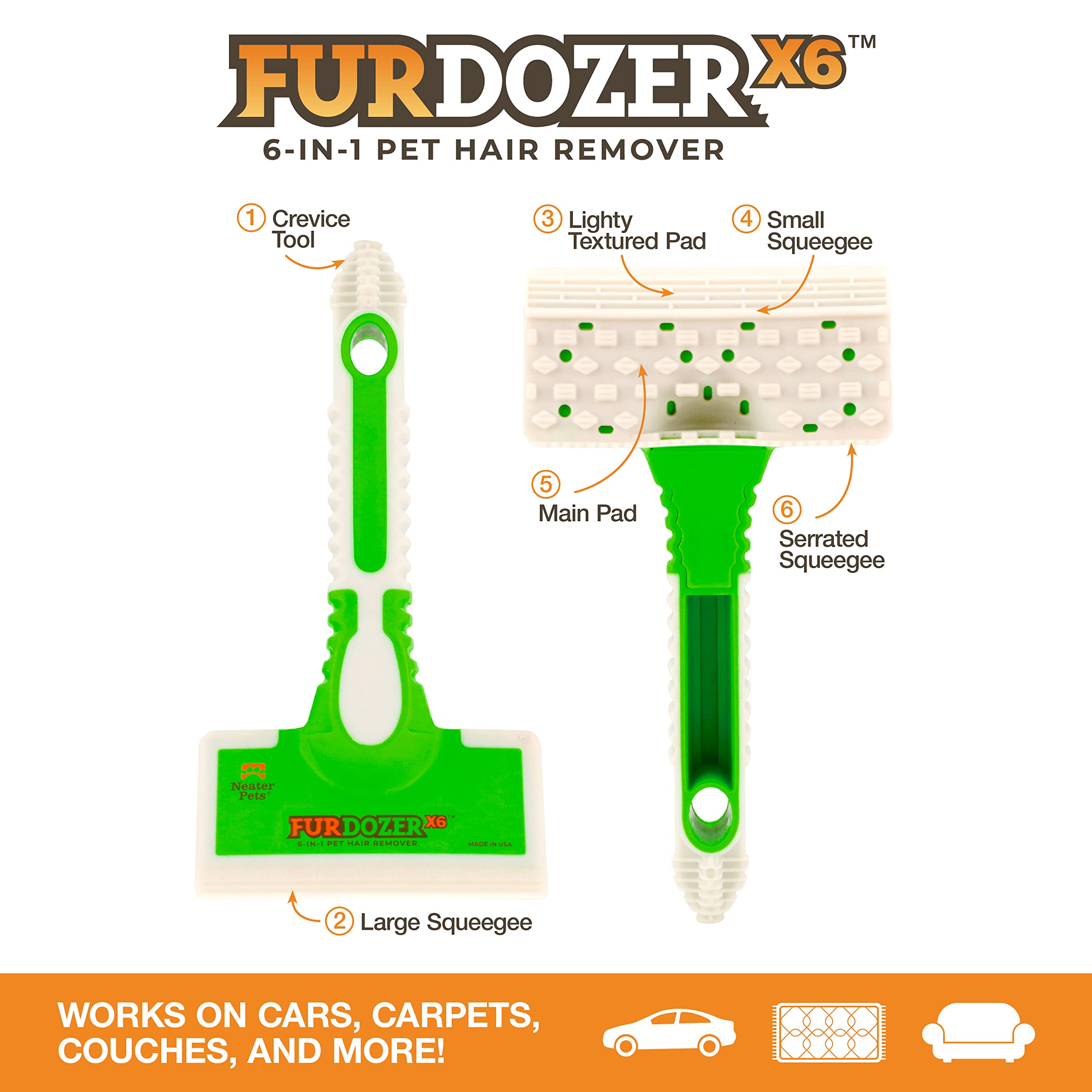 FurDozer X6 Pet Hair Remover Tool with 6-in-1 Design, Reusable Rubber Fur Cleaner for Carpets, Car Interiors, Furniture, and Upholstery