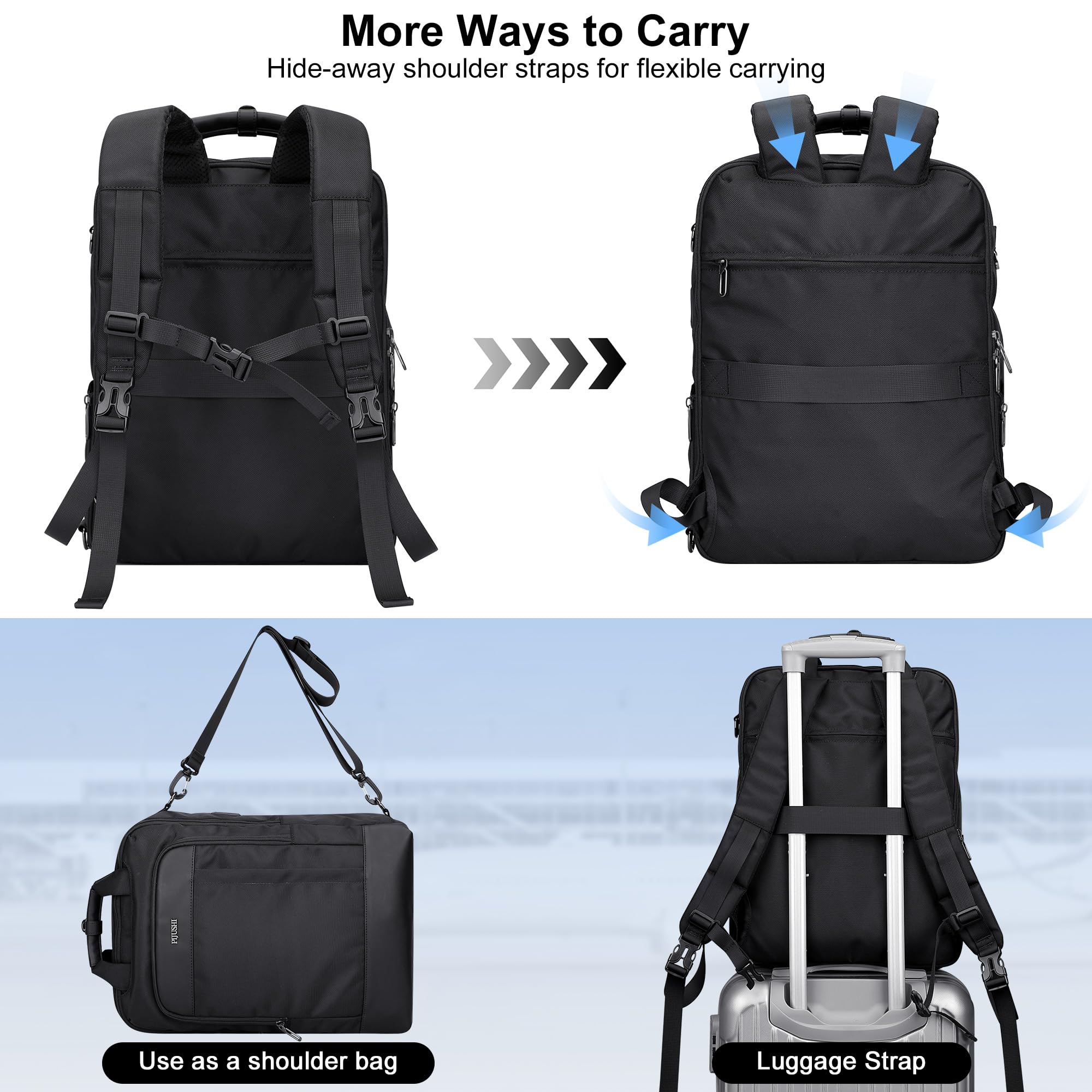 PIJUSHI 3-in-1 Convertible Laptop Backpack – Flight-Approved Personal Item with USB Charging & RFID Blocking (Black)