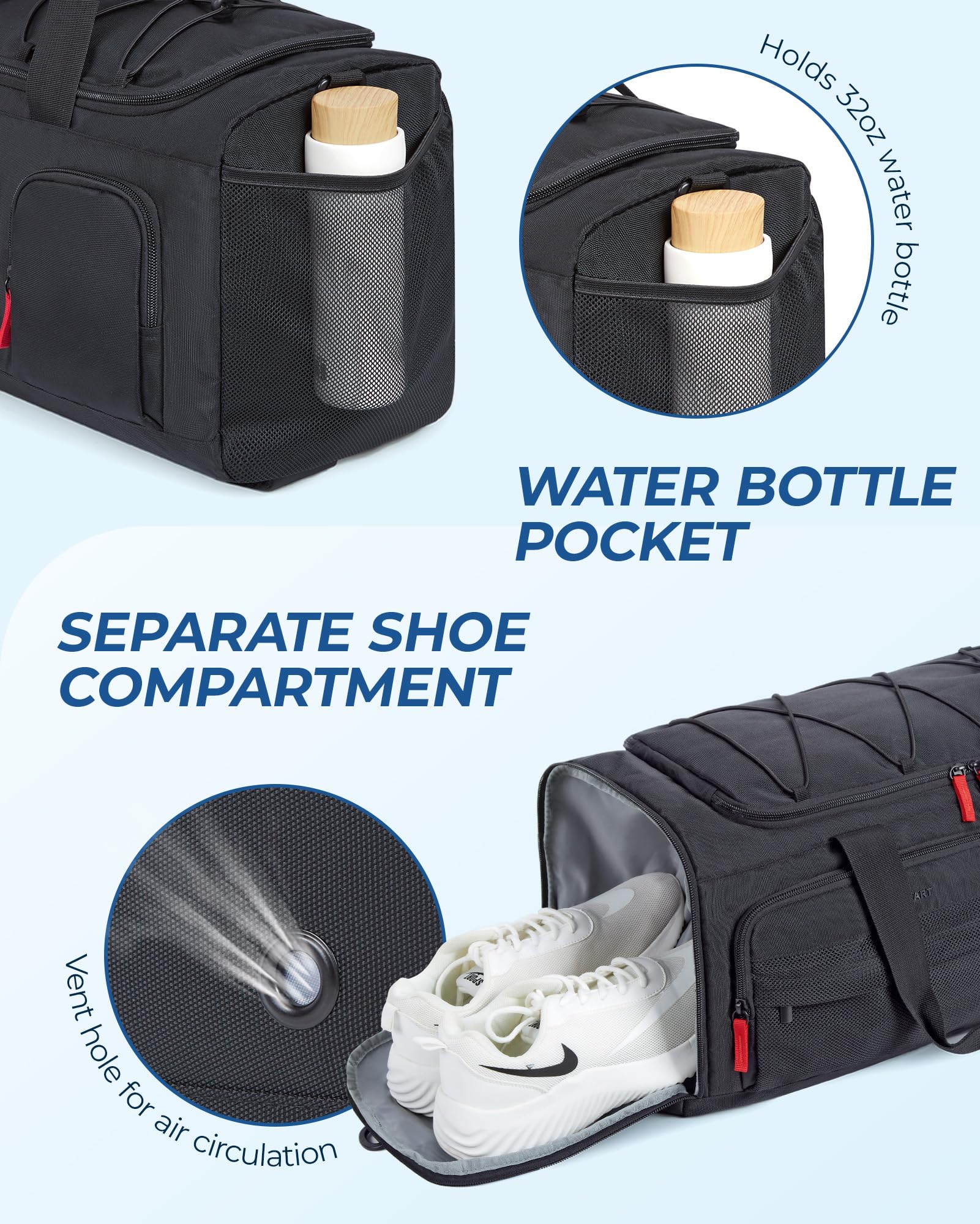 BAGSMART 35L Gym & Travel Duffel Bag with Shoe and Laptop Compartments – 3-in-1 Carry-On Weekender (Black)