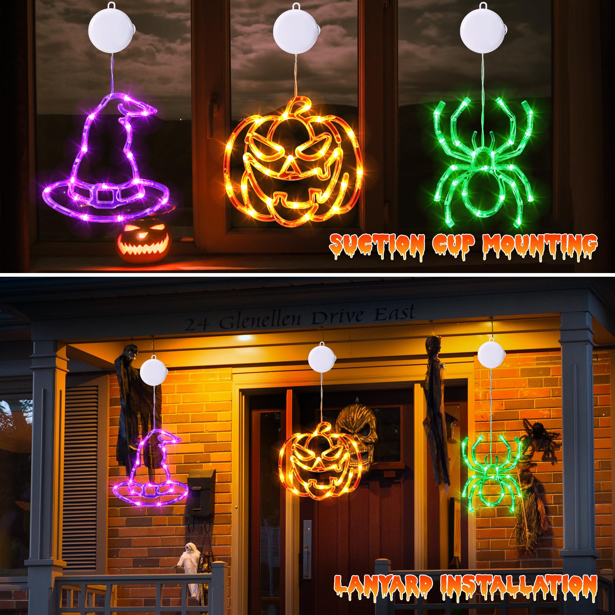 Halloween Window Lights Set – Pumpkins, Witch Hats & Spider LED Decor with Timer & Dual Lighting Modes (Battery Operated)