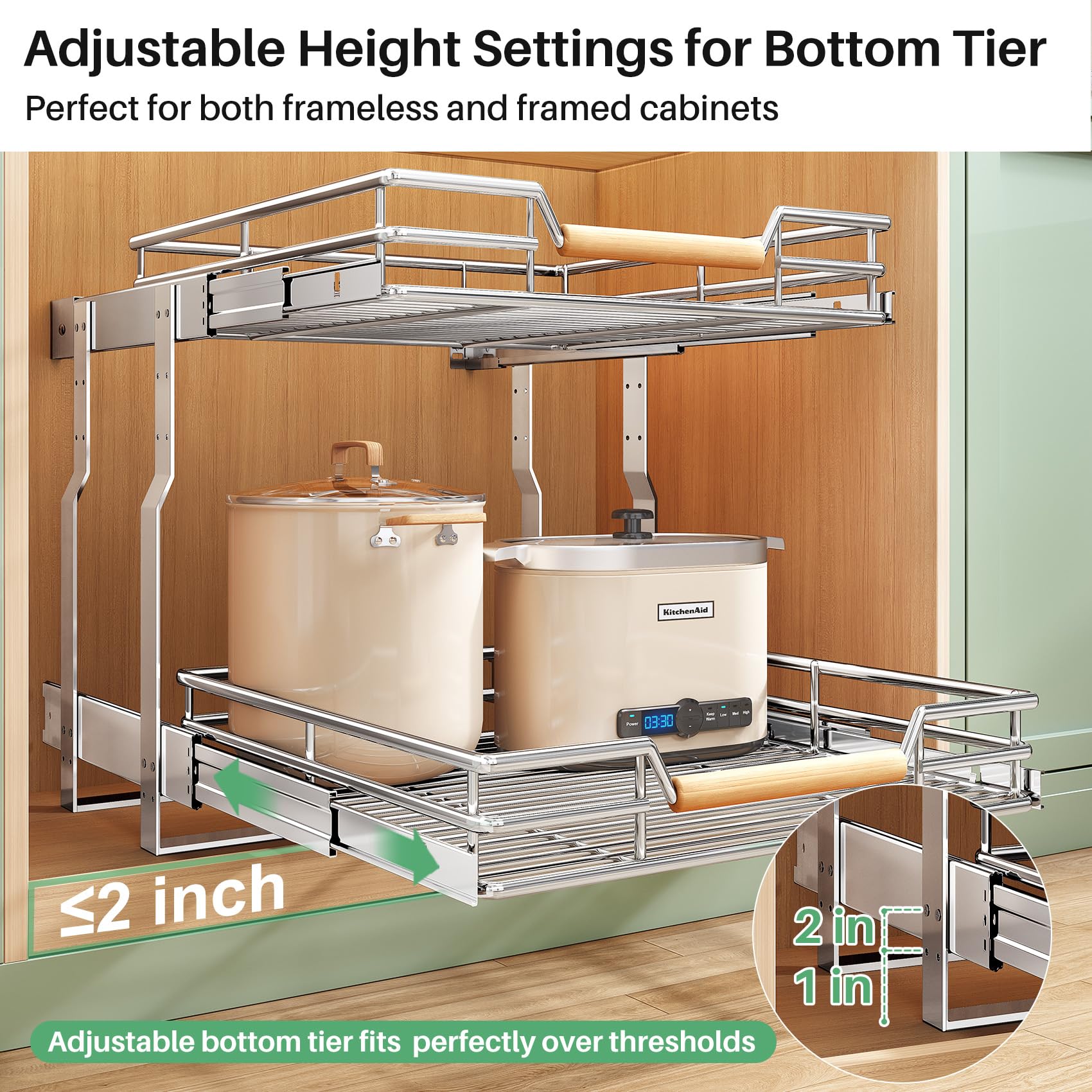 2-Tier Pull-Out Cabinet Organizer – Full-Extension Chrome Slide-Out Shelves with Wooden Handle