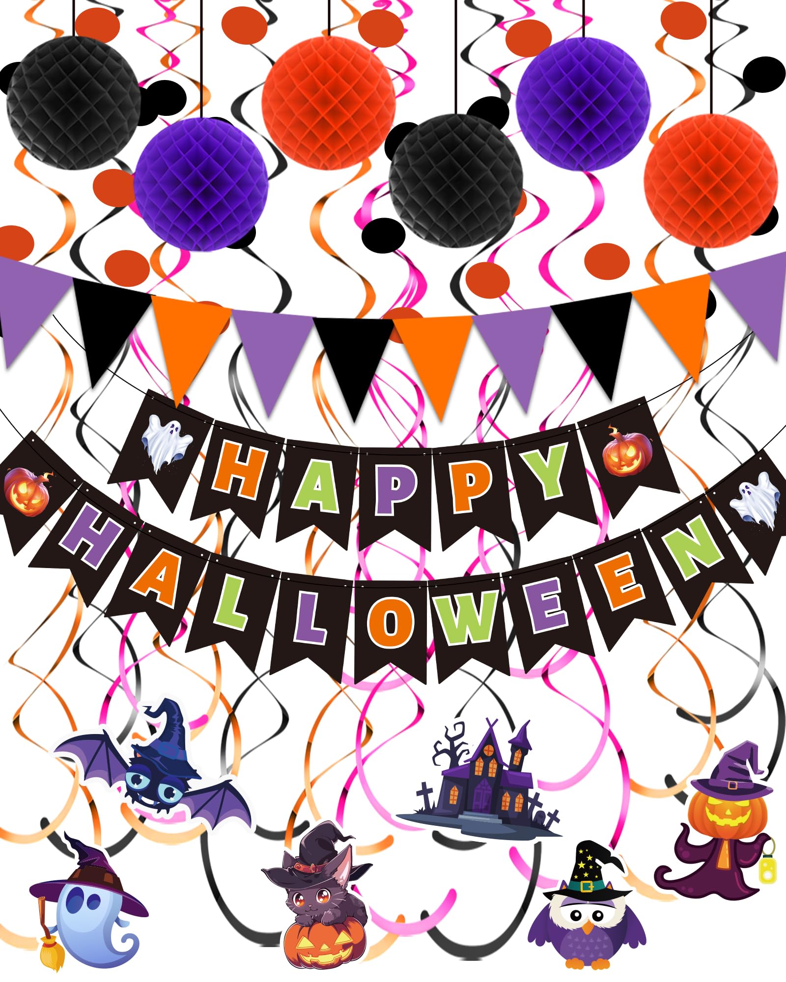 Halloween Party Decoration Set – 7.2ft Banner, Hanging Swirls, Flags & Garland Kit (50+ Pieces) for Indoor & Outdoor Festive Décor
