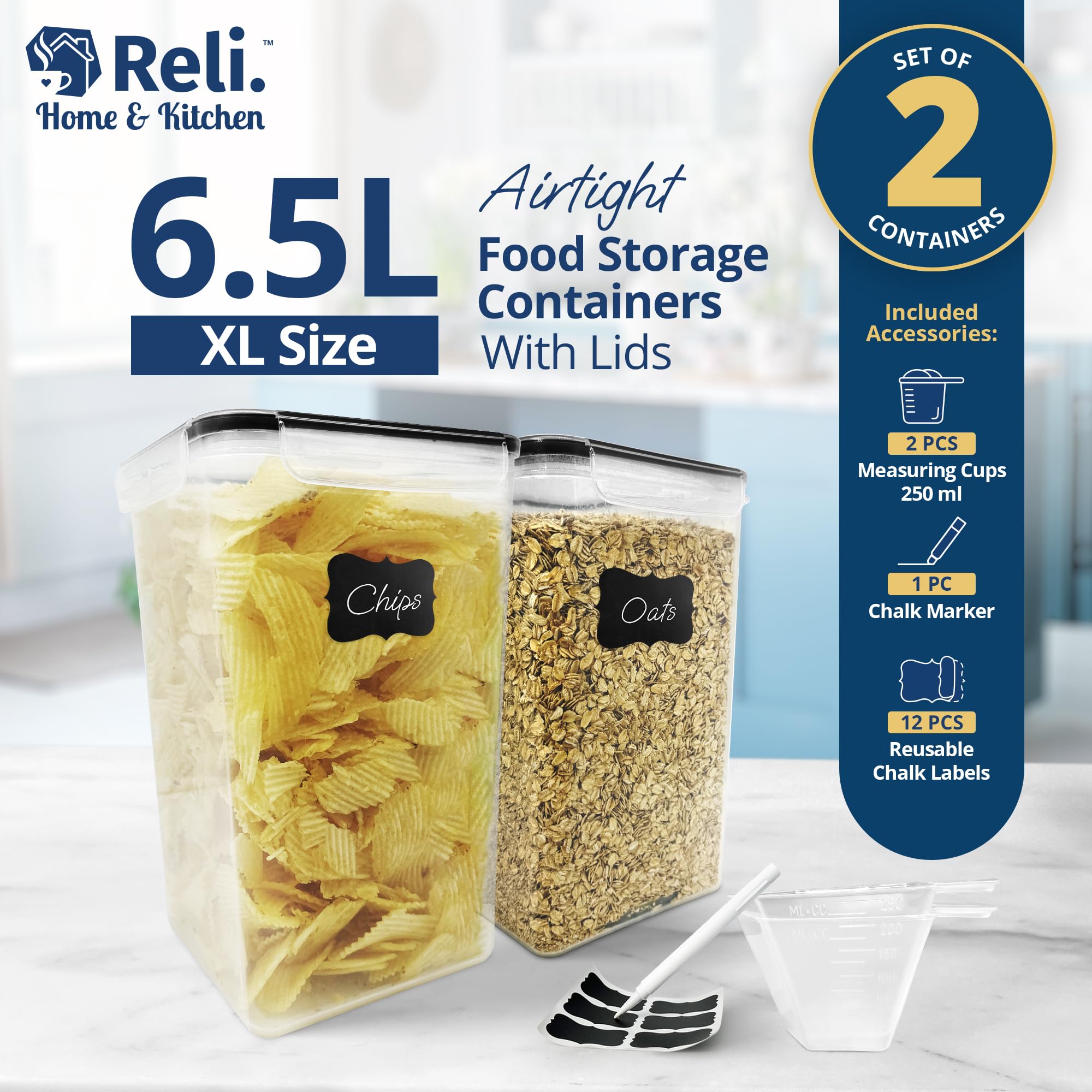 XL 6.5L Airtight Food Storage Containers (2-Pack) – BPA-Free Leak-Proof Stackable Pantry Canisters with Labels
