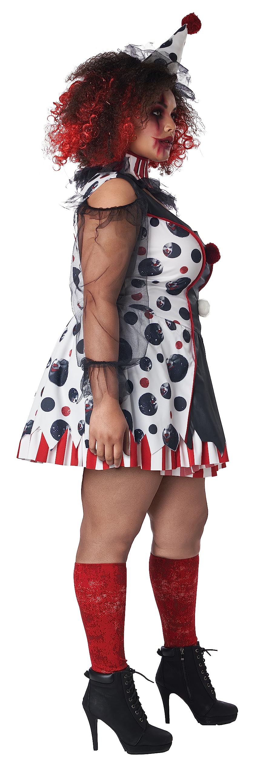 Women’s Plus Size Gothic Clown Costume – Black Pullover Dress with Tulle Sleeves, Pom Details & Striped Satin Underskirt (3X)