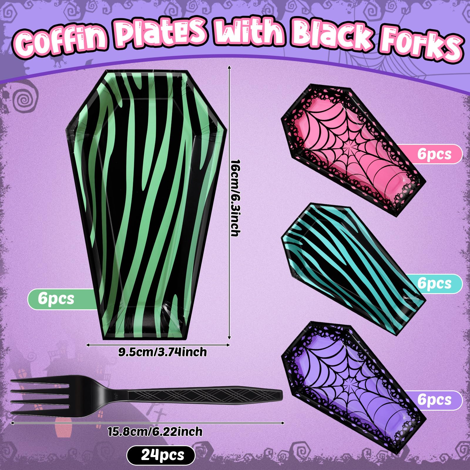 Halloween Coffin Plates & Black Forks Set – 48 Pcs Disposable Scary Sweet Tableware for 24 Guests