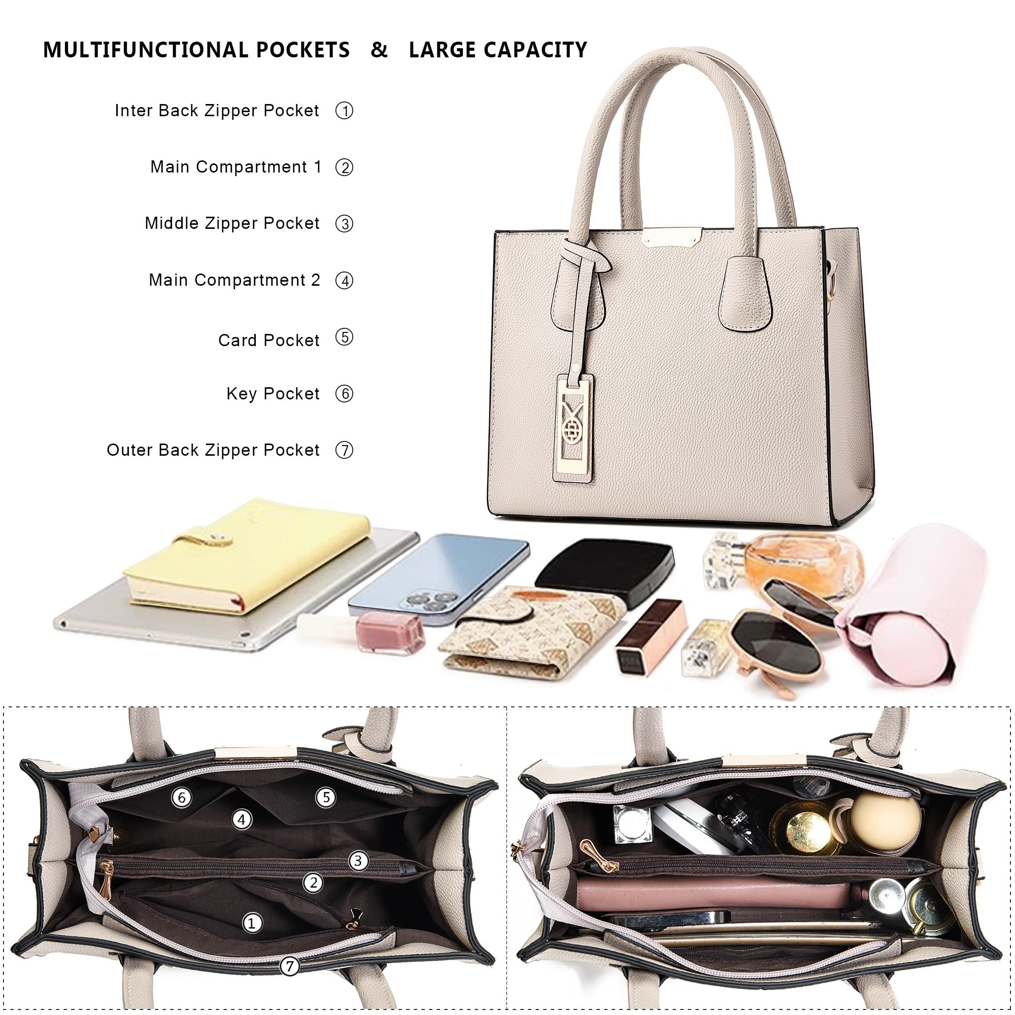 CHICAROUSAL PU Leather Tote & Crossbody Bag for Women – Top Handle Satchel with Multi-Pocket Design (Liz Cream Grey)