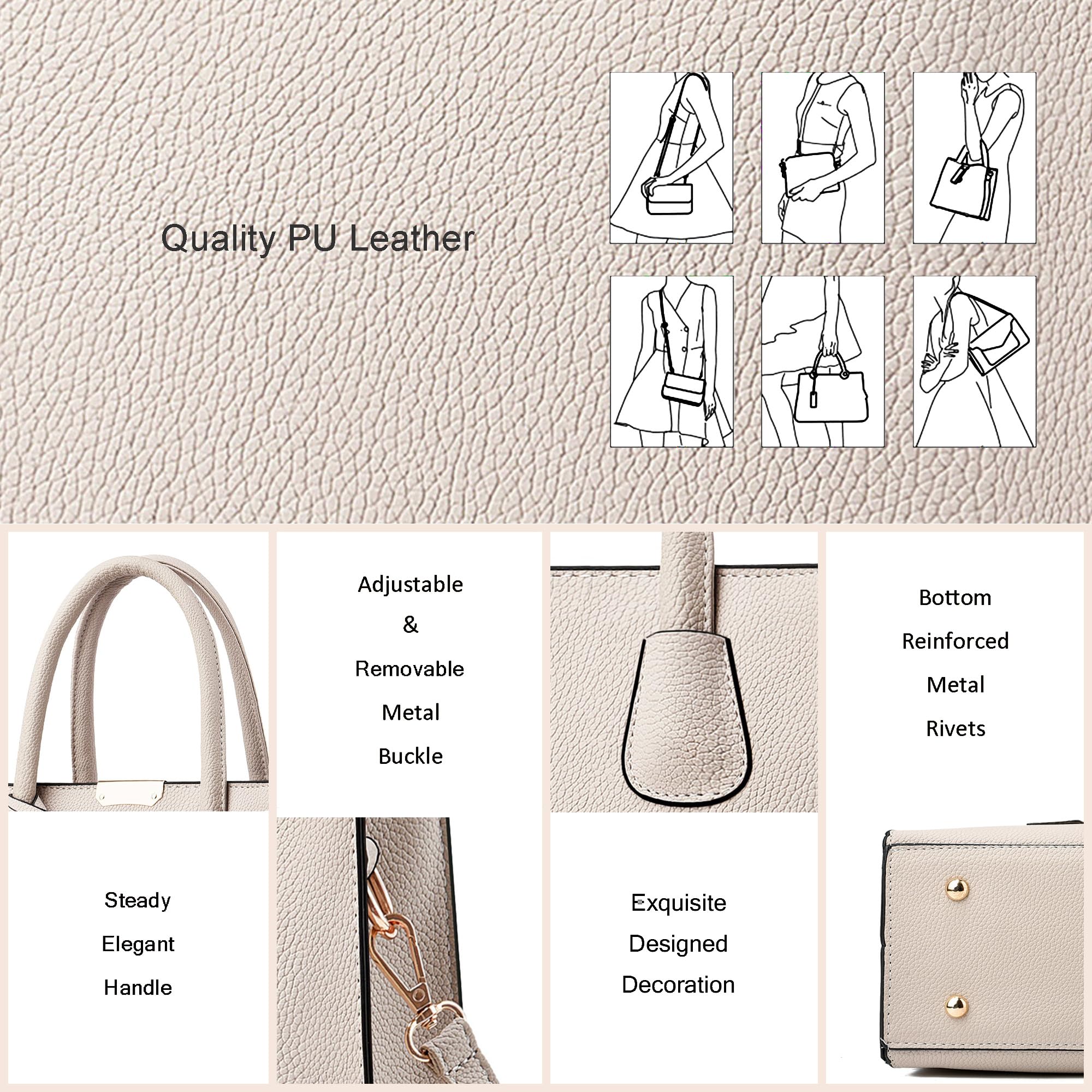 CHICAROUSAL PU Leather Tote & Crossbody Bag for Women – Top Handle Satchel with Multi-Pocket Design (Liz Cream Grey)