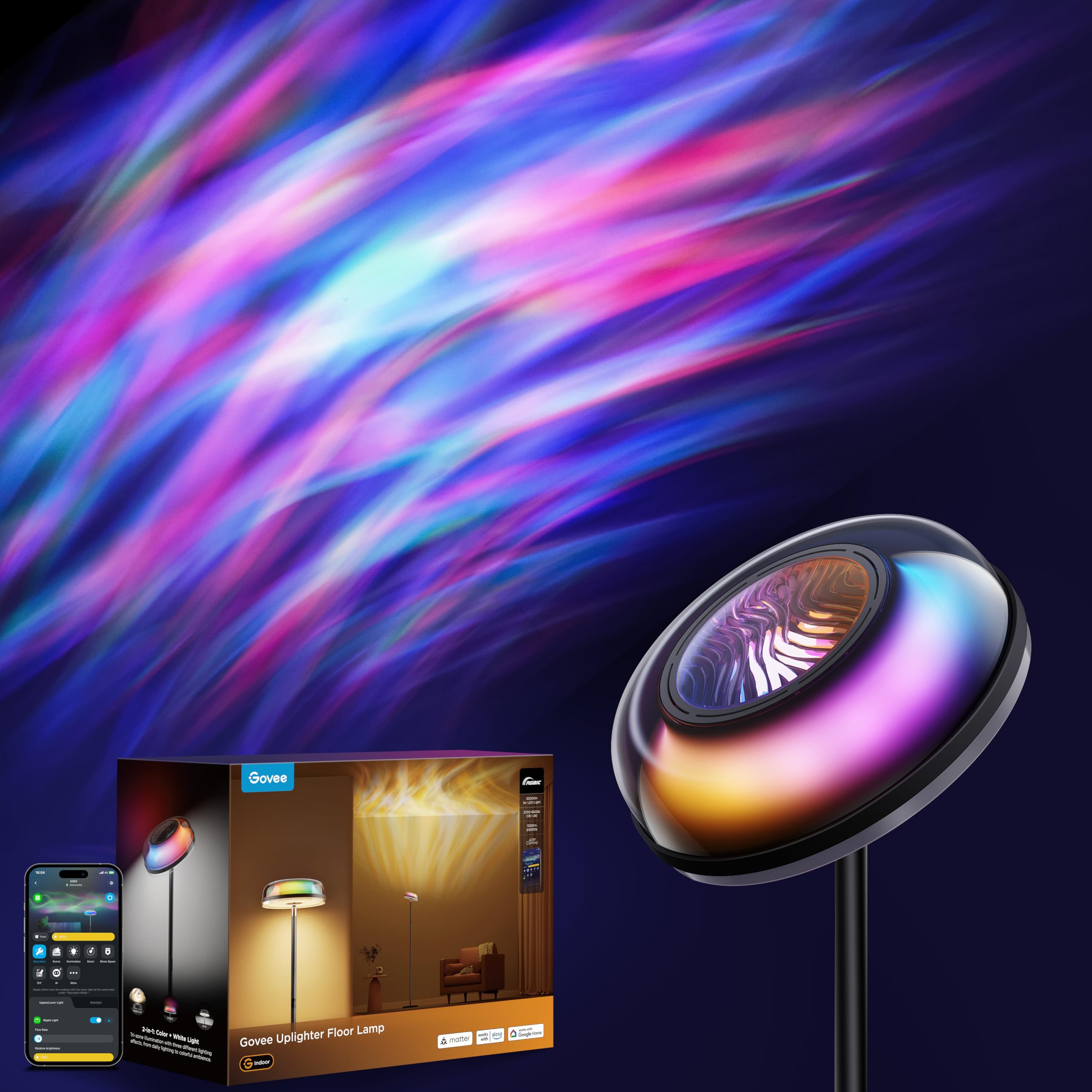 Smart RGBWW Tri-Zone Floor Lamp with Ripple Ceiling Effect, 1000lm Task Light & Alexa/Matter Control – Black