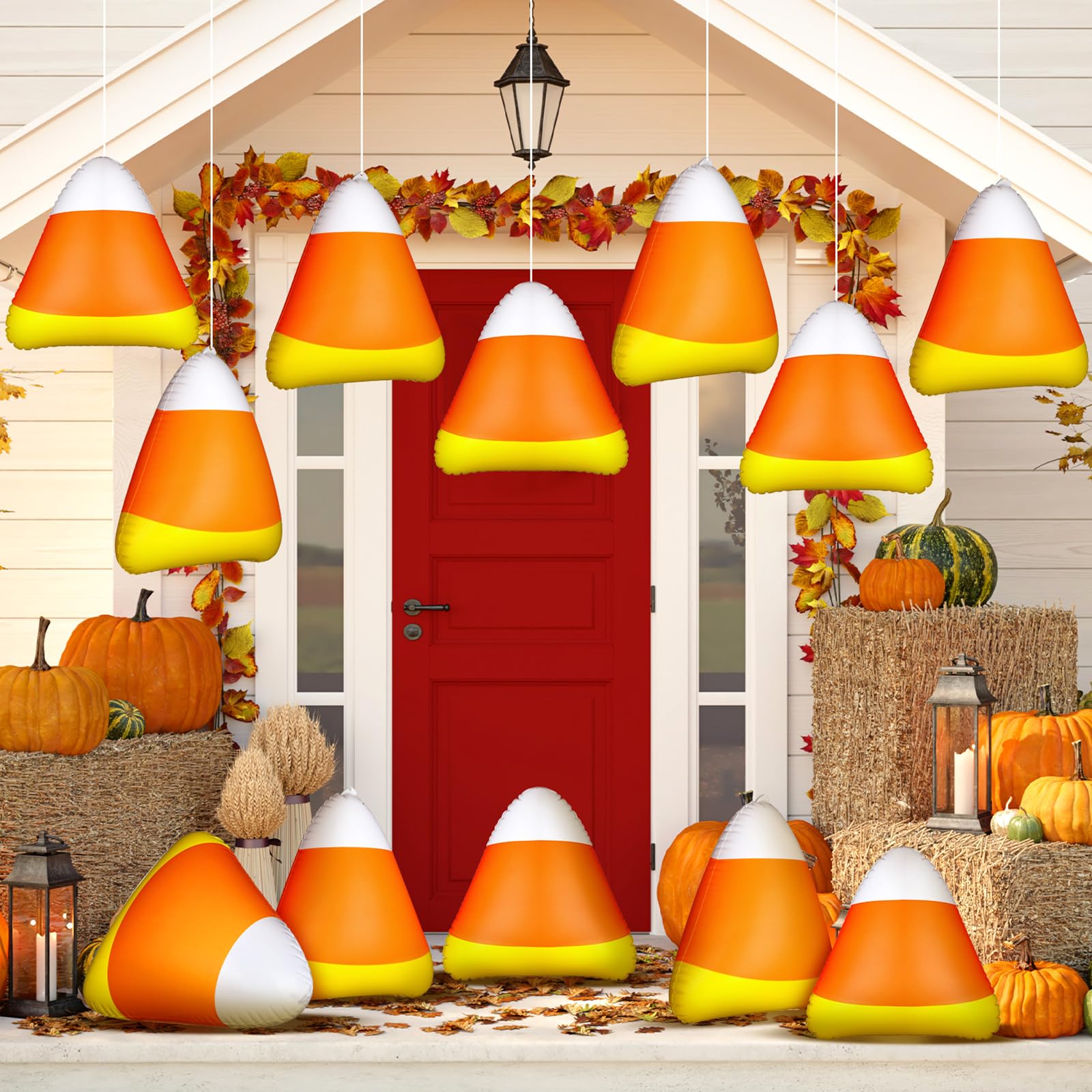 12 Pcs Inflatable Candy Corn Balloons – Waterproof Polyester Halloween Yard & Party Decorations (11.8" Large Blow-Up Candy Corns)