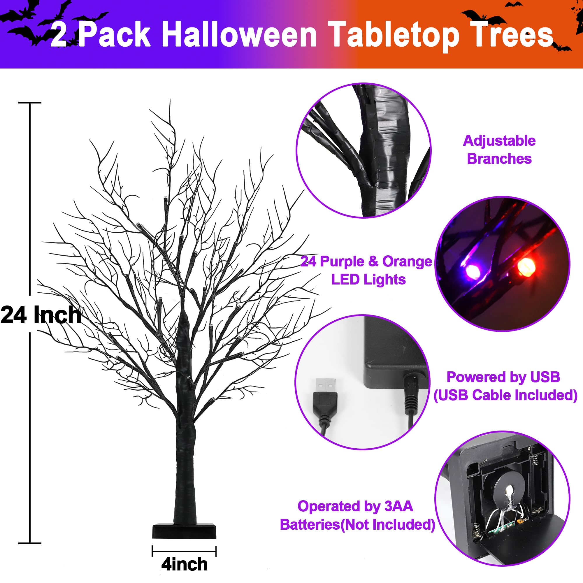 Set of 2 Black Halloween Trees – 24” Light-Up Tabletop Decor with 24 Orange & Purple LED Lights