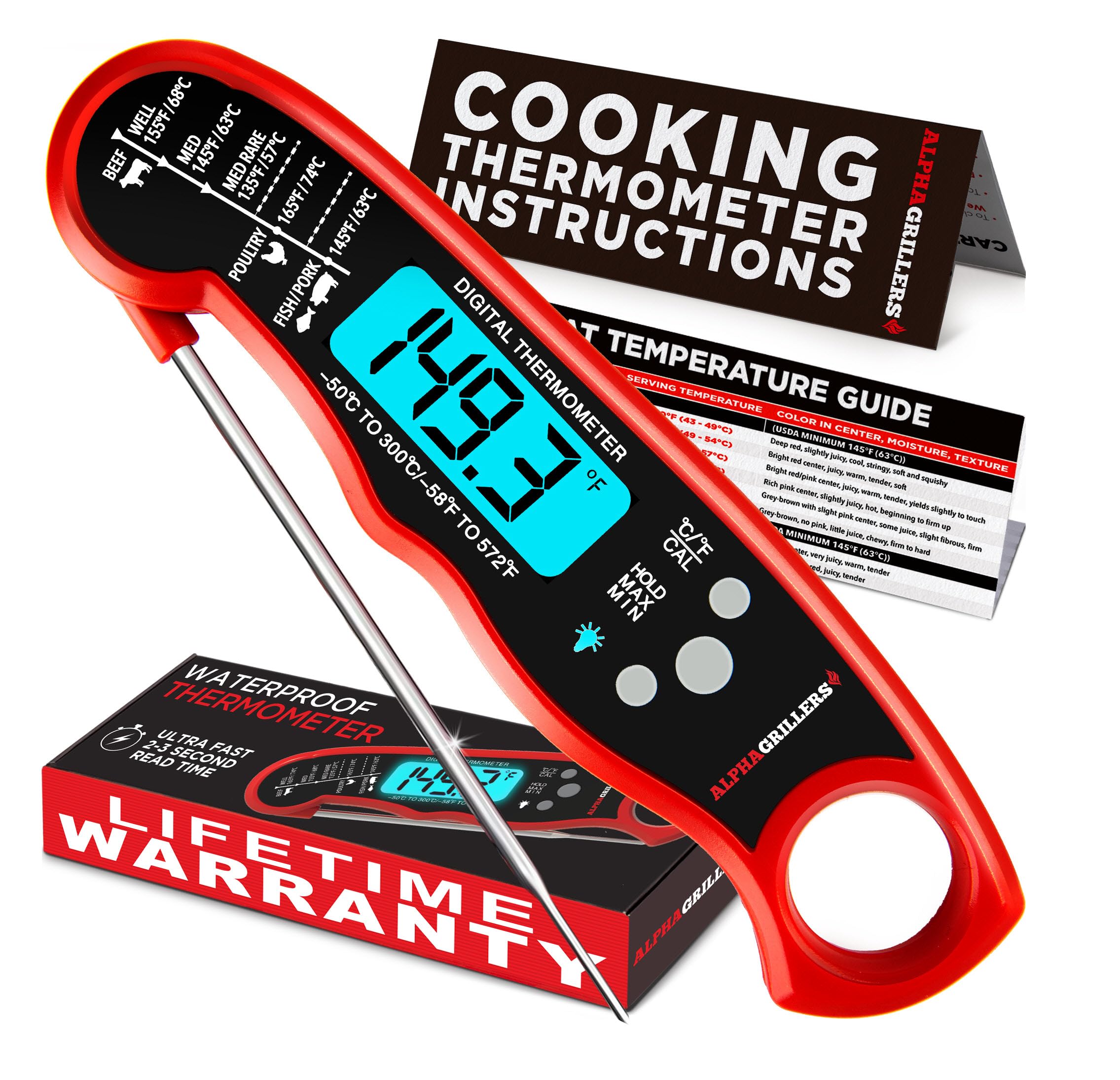 Instant Read Digital Food Thermometer – Waterproof Meat Thermometer with Backlit Display