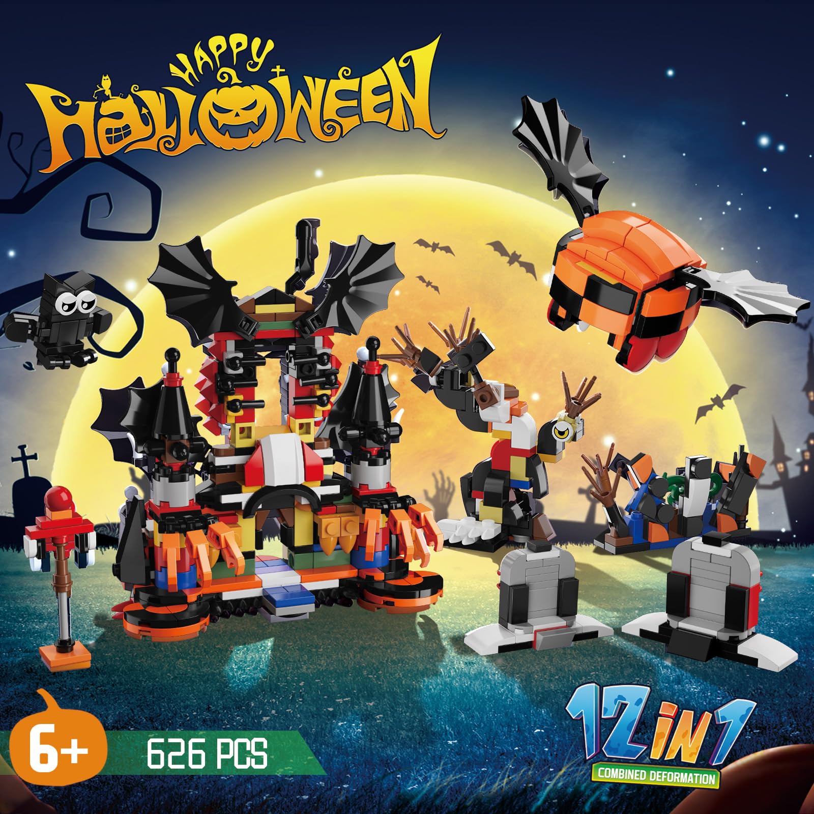 Halloween 12-in-1 Building Blocks Set – 626 PCS Castle & Figures Party Favor Gift for Kids