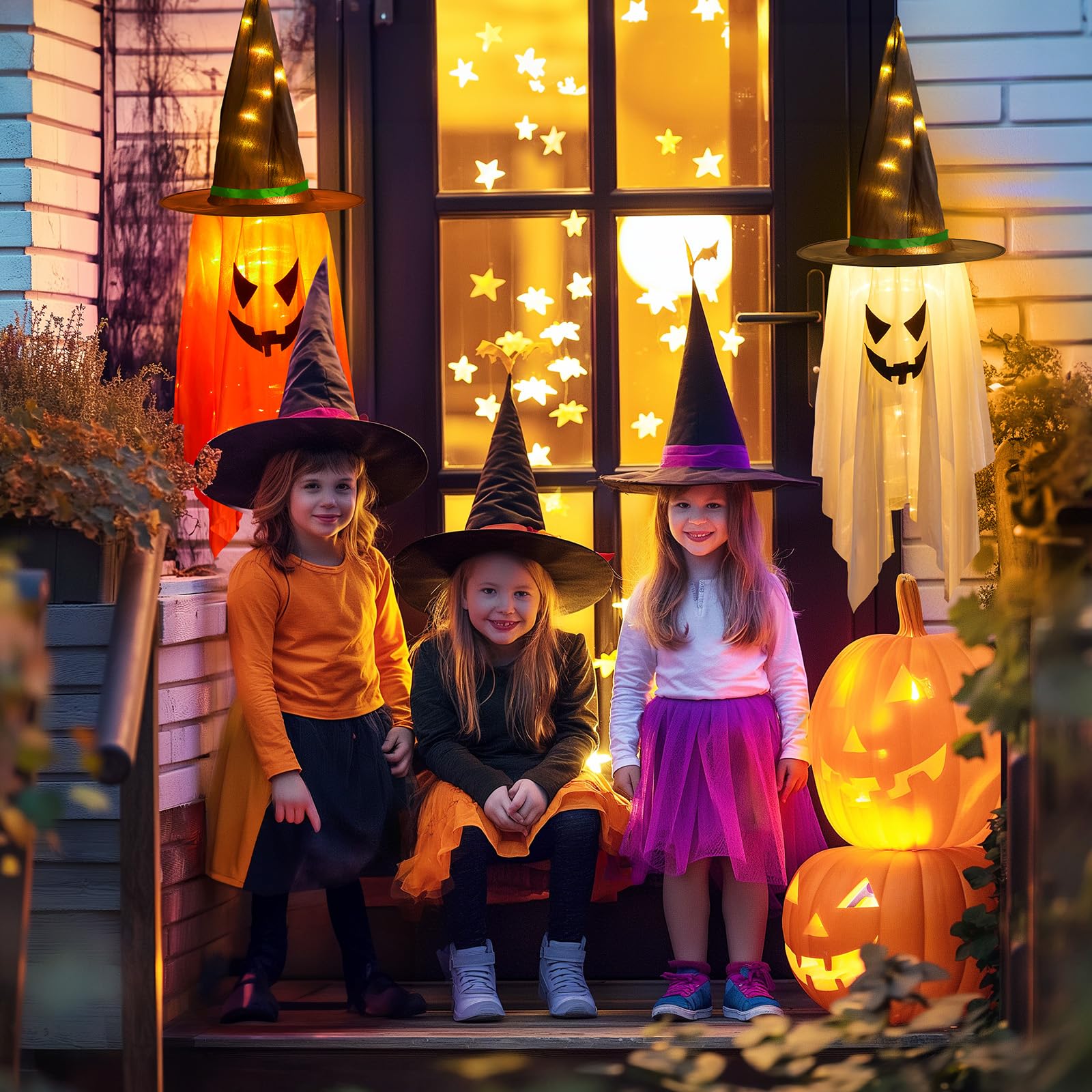 Lighted Hanging Witch Hats – 2-Pack Halloween Decorations with 20 LED Warm White Lights (Battery Operated, Indoor/Outdoor)