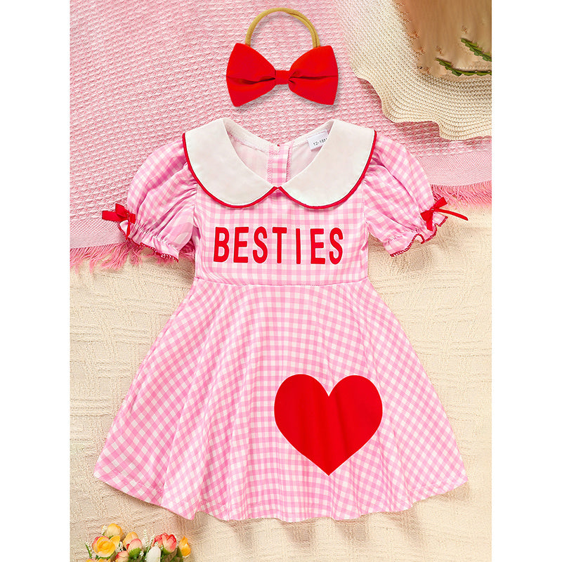Sweet Baby Toddler Girls Short Sleeve Letter & Heart Print Doll Collar Dress with Matching Headband