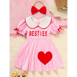 Sweet Baby Toddler Girls Short Sleeve Letter & Heart Print Doll Collar Dress with Matching Headband