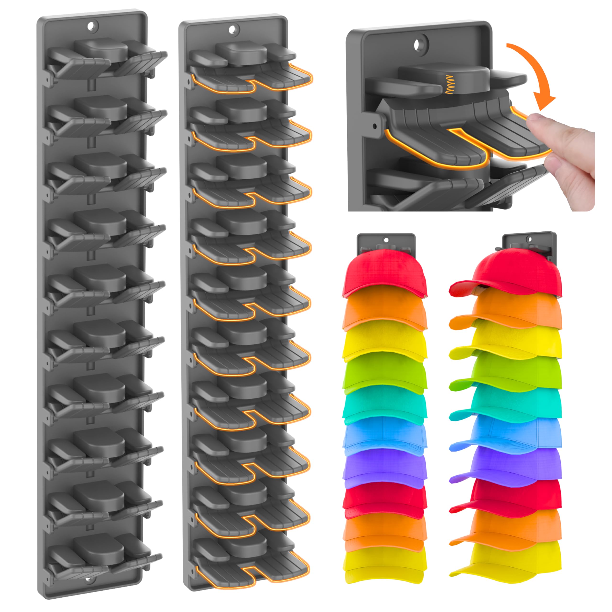 Wall-Mount Hat Organizer for Baseball Caps (2-Pack) – Spring-Clip Cap Rack with Adhesive or Screw Install, Matte Black