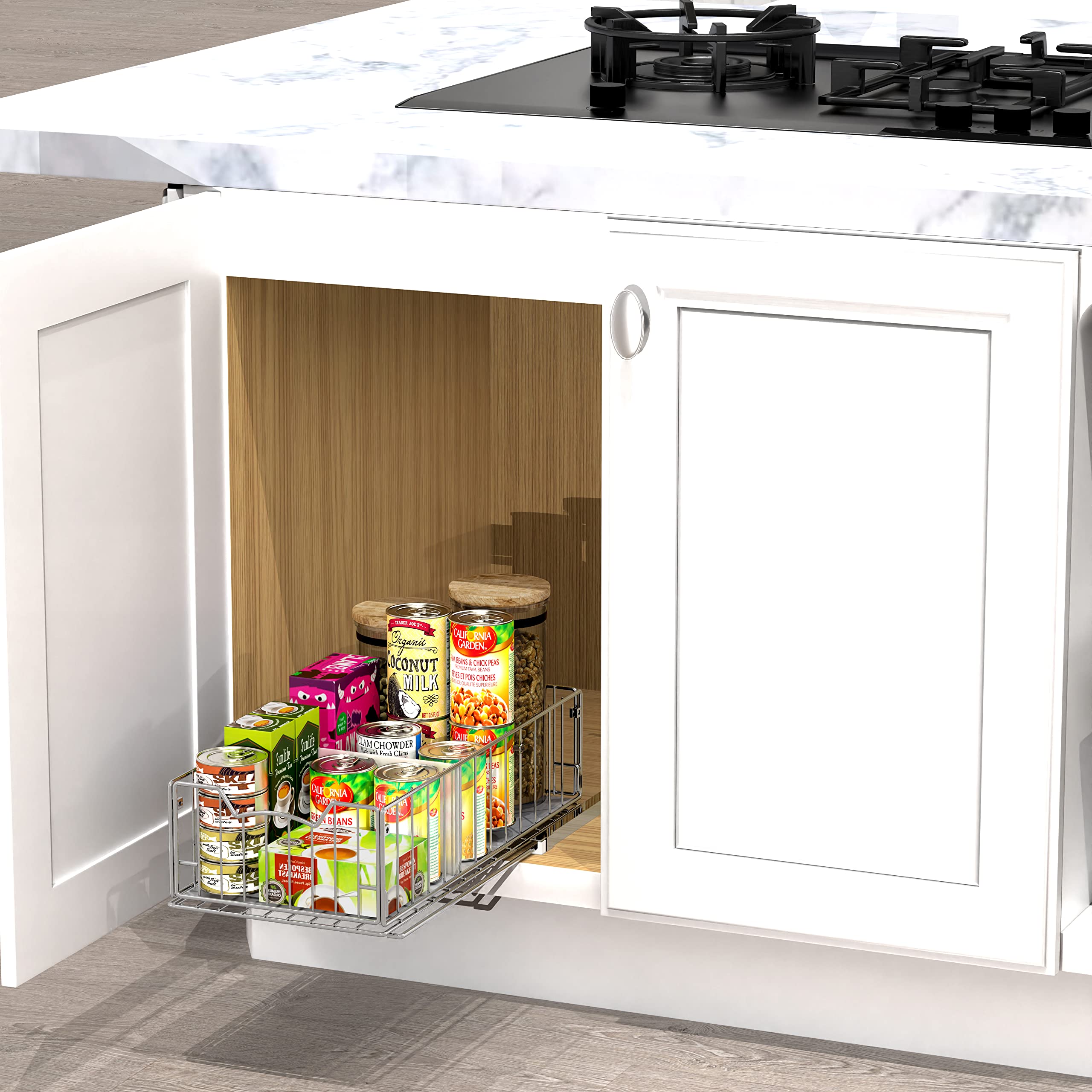 Pull-Out Cabinet Sliding Basket Organizer with Divider – Chrome Finish for Deep Cabinets