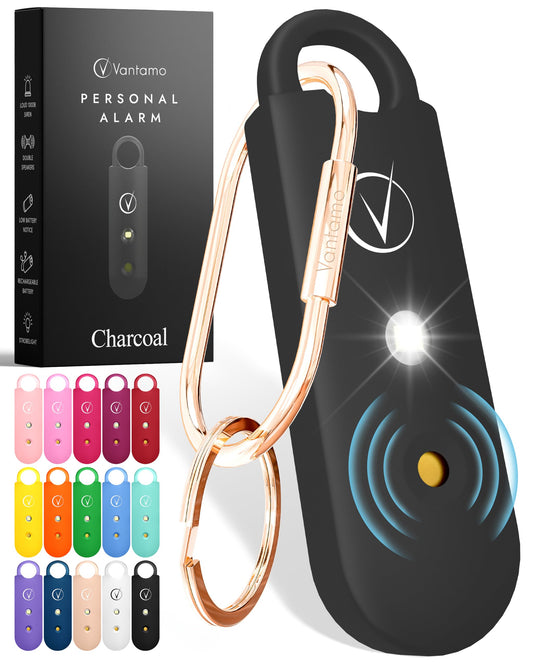 Vantamo Rechargeable Personal Safety Alarm – 130dB Dual Speakers, Strobe Light & Low-Battery Alert (Charcoal)