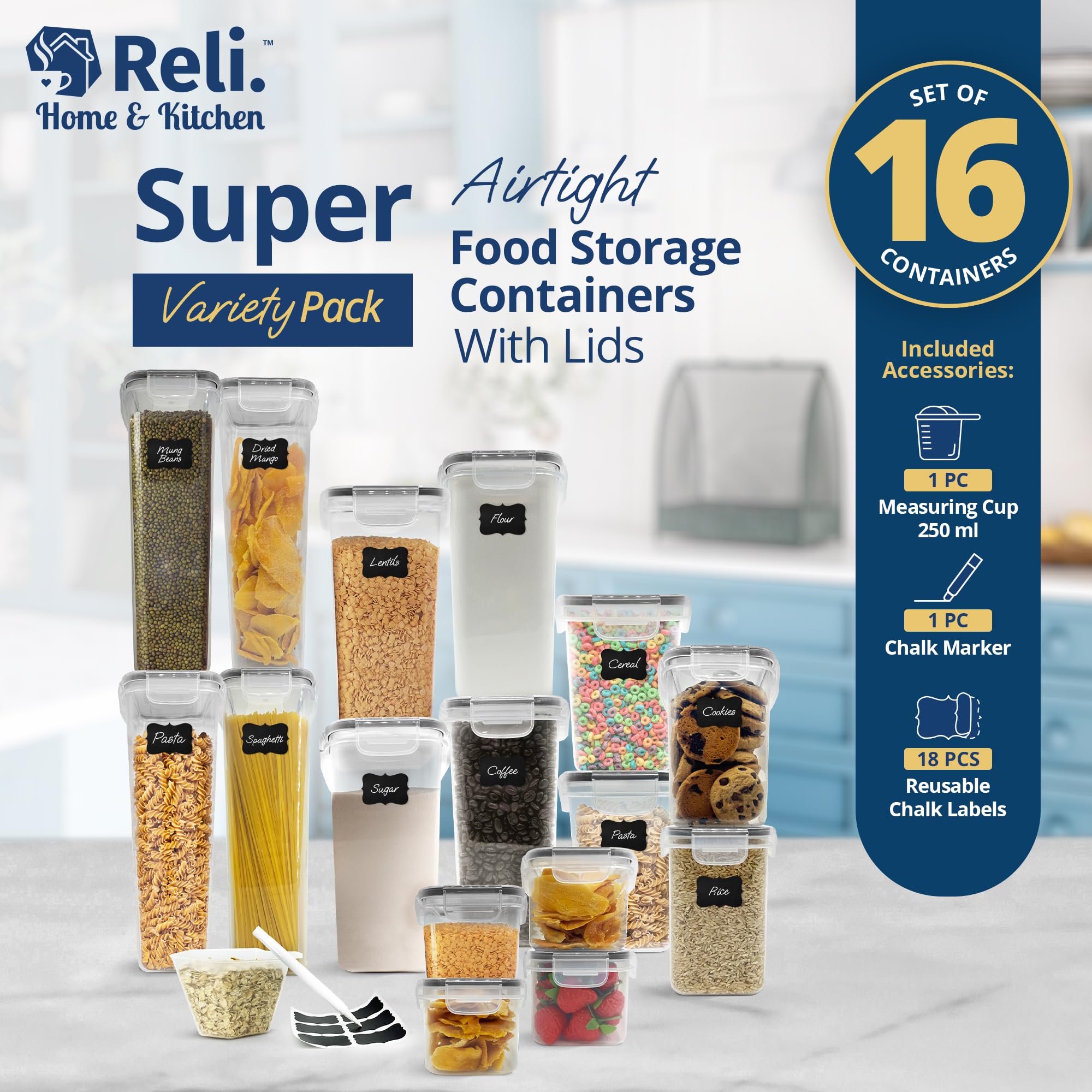 16-Piece Airtight Food Storage Containers Set – BPA-Free Leak-Proof Stackable Pantry Organizer with Labels