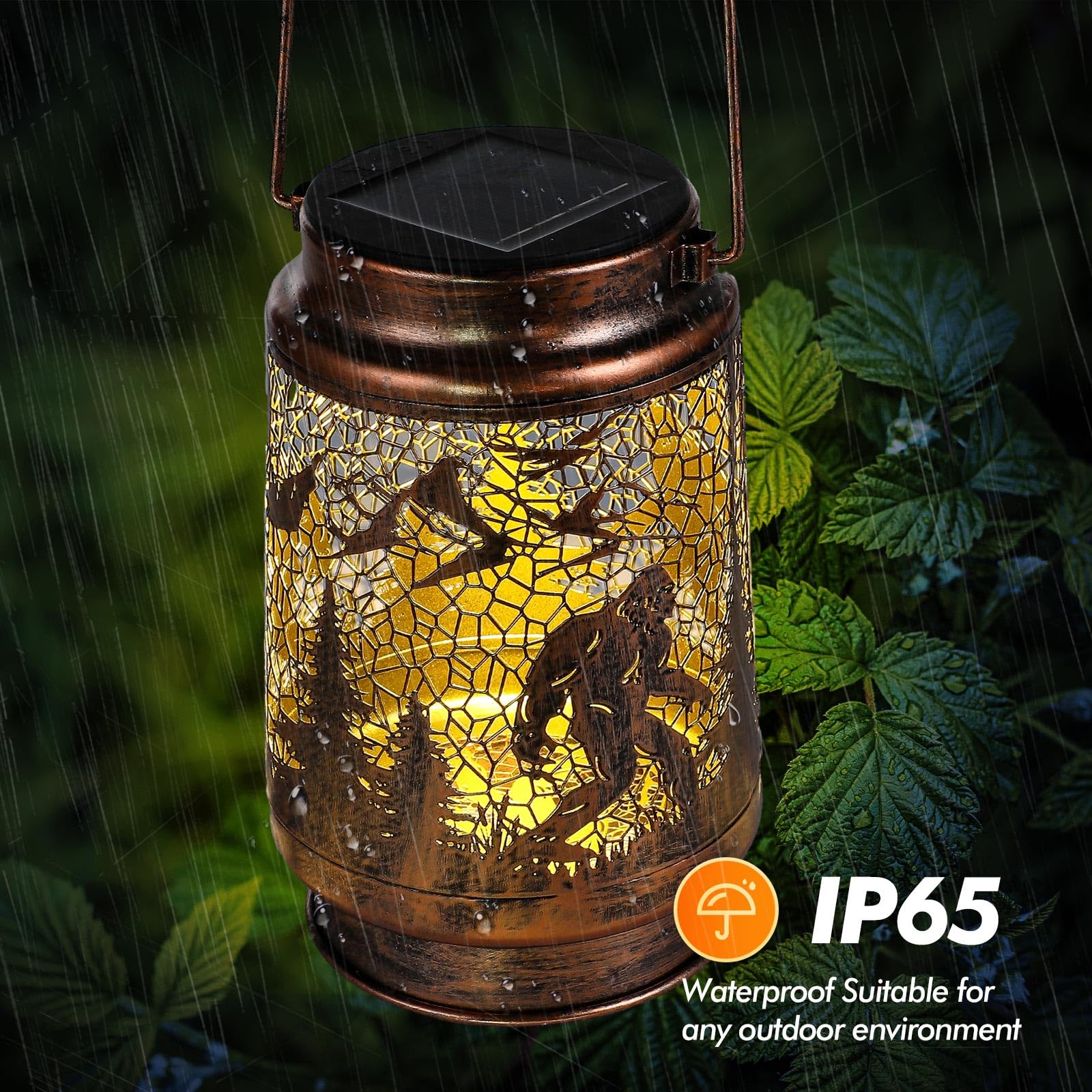 Bigfoot Solar Lantern – Gold Bronze Metal LED Outdoor Light with Waterproof Design & Rustic Hollow Pattern