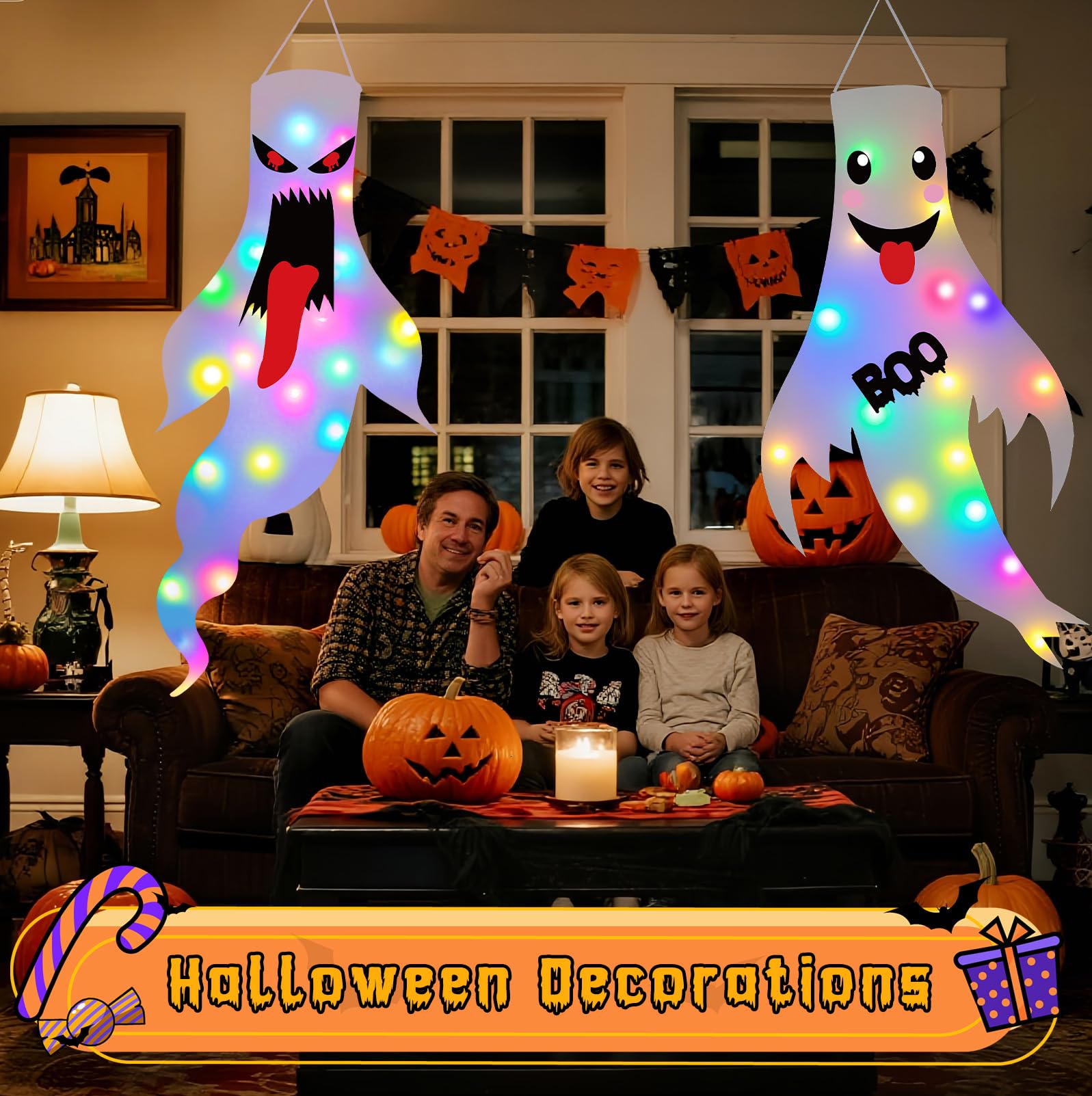 2-Pack Light-Up Hanging Ghosts – Large Outdoor Halloween Decorations with LED Lights (47 Inches, 1A-2Pack)