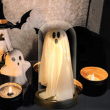 Halloween Light-Up Ghost in Glass Cloche – Handmade LED Decoration for Table, Mantel & Home Décor (White, 8.3x4.3 Inches)
