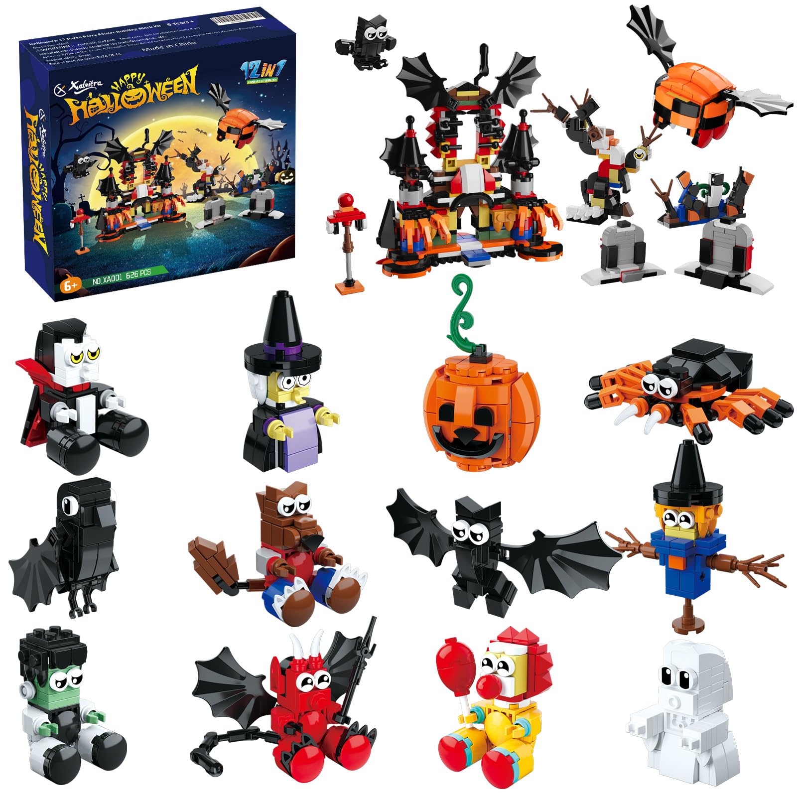 Halloween 12-in-1 Building Blocks Set – 626 PCS Castle & Figures Party Favor Gift for Kids