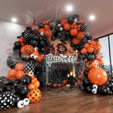 Halloween Balloon Arch Garland Kit – 144pcs Black & Orange Balloons with Polka Dots, Eyes & Confetti for Party Decoration