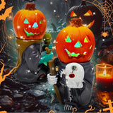 Vintage Halloween Resin Pumpkin Set – Hand-Painted Skeleton & Witch Figurines with Glow Base (Multicolor, 2-Pack)