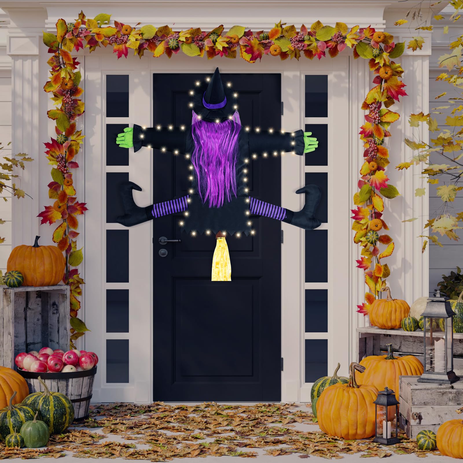 N&T NIETING 47" Witch Crashing Into Tree Door Column Outdoor Halloween Decoration, Funny Halloween Witch Ornaments Decor(Purple)