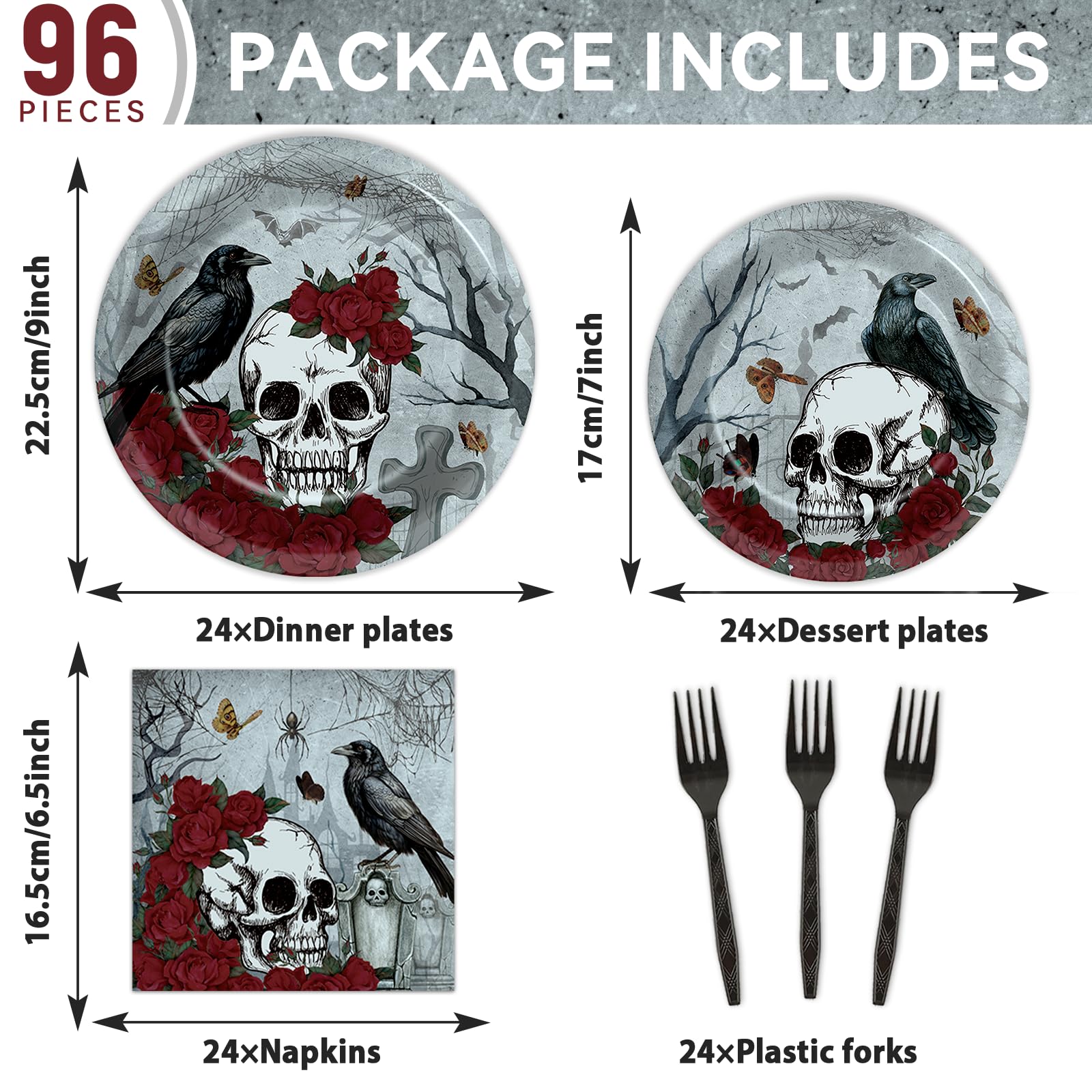 Halloween Gothic Tableware Set – 96 Pcs Plates, Napkins & Forks with Skull, Rose & Crow Design