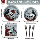 Halloween Gothic Tableware Set – 96 Pcs Plates, Napkins & Forks with Skull, Rose & Crow Design