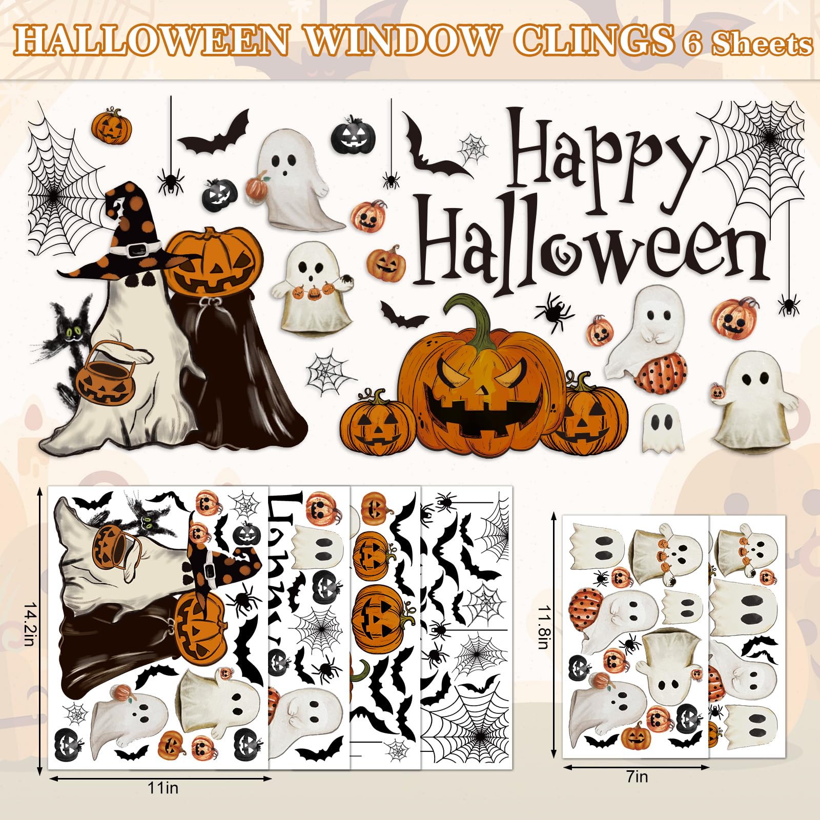 Vintage Halloween Window Clings – 6 Double-Sided PVC Sheets with Ghosts, Pumpkins, Cats & Bats