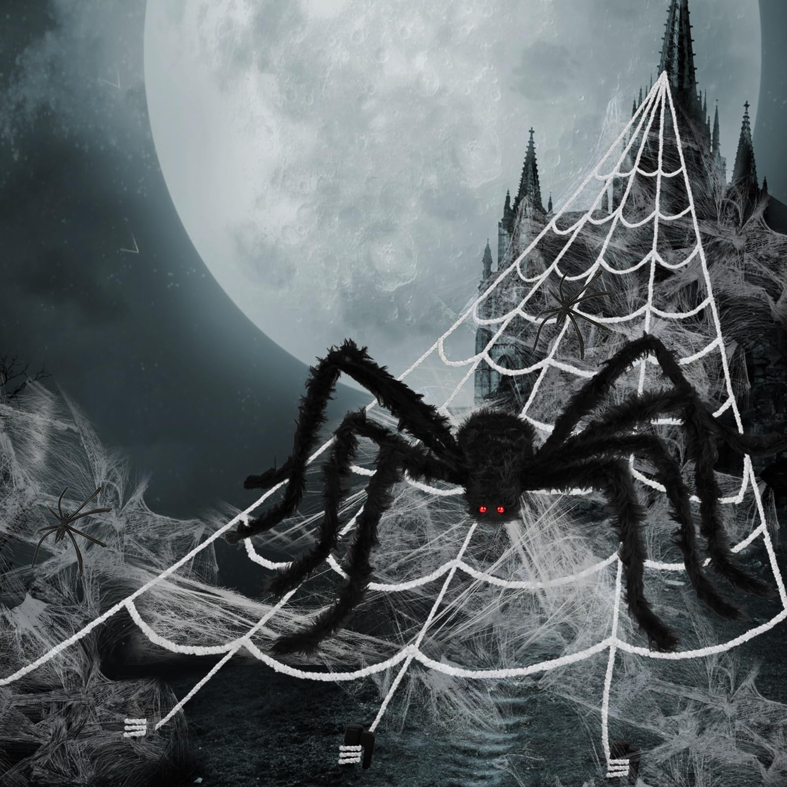 Giant Halloween Spider Web Decoration Set – 59" Hairy Spider + 200"x188" Triangular Web with Hooks & Stakes (Black & White)